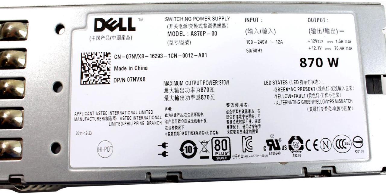 Alt view image 6 of 6 - Dell PowerEdge R710 T610 870w HOT SWAP Power Supply A870P-S0 PT164 VT6G4 YFG1C 7NVX8