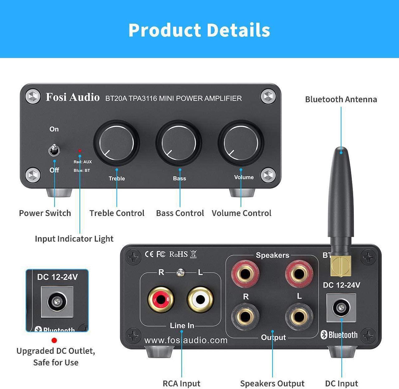 Alt view image 2 of 7 - Fosi Audio BT20A Bluetooth 5.0 Stereo Audio 2 Channel Amplifier Receiver Mini Hi-Fi Class D Integrated Amp 2.0 CH for Home Speakers 100W x 2 with Bass and Treble Control TPA3116 (with Power Supply)