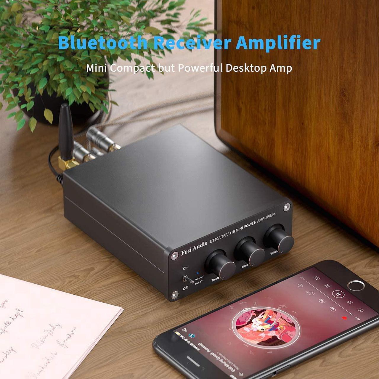 Alt view image 3 of 7 - Fosi Audio BT20A Bluetooth 5.0 Stereo Audio 2 Channel Amplifier Receiver Mini Hi-Fi Class D Integrated Amp 2.0 CH for Home Speakers 100W x 2 with Bass and Treble Control TPA3116 (with Power Supply)
