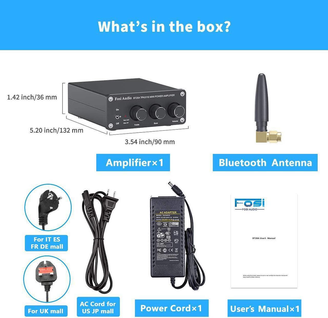 Alt view image 6 of 7 - Fosi Audio BT20A Bluetooth 5.0 Stereo Audio 2 Channel Amplifier Receiver Mini Hi-Fi Class D Integrated Amp 2.0 CH for Home Speakers 100W x 2 with Bass and Treble Control TPA3116 (with Power Supply)
