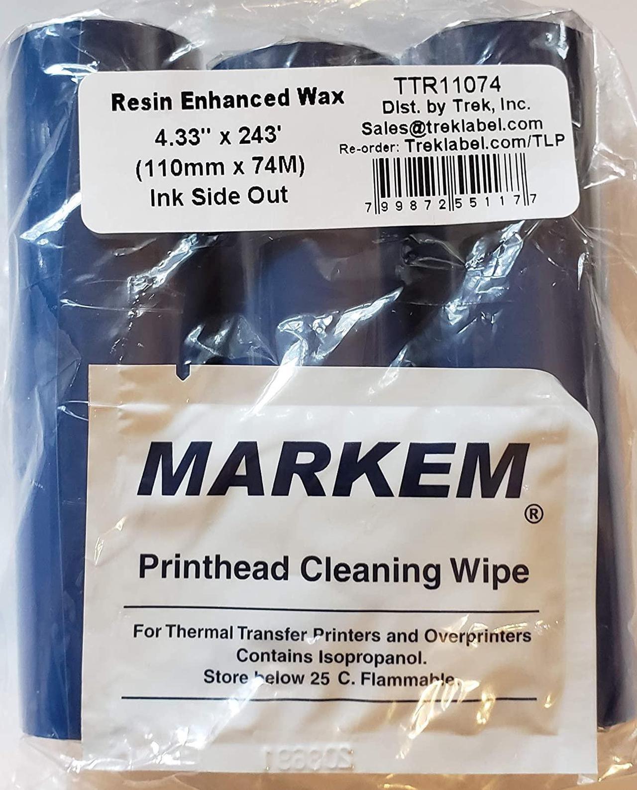 Thermal Transfer Ribbon 3 roll Pack 4.33" on 1/2 core w/P.H. Cleaner & Empty Spool for Zebra Desktop TLP2844 TLP2442 GC420t GK420t GX420t, More