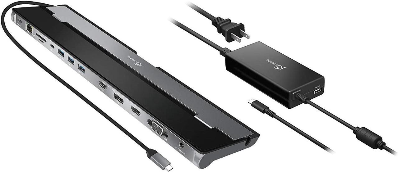 j5create USB Type C Docking Station with 100W PD Charger - Supports 3 Displays | HDMI, DisplayPort, VGA, 100W PD Charging, 1Gbps Ethernet | for MacBook Pro/Air, XPS, and More (JCD543P)