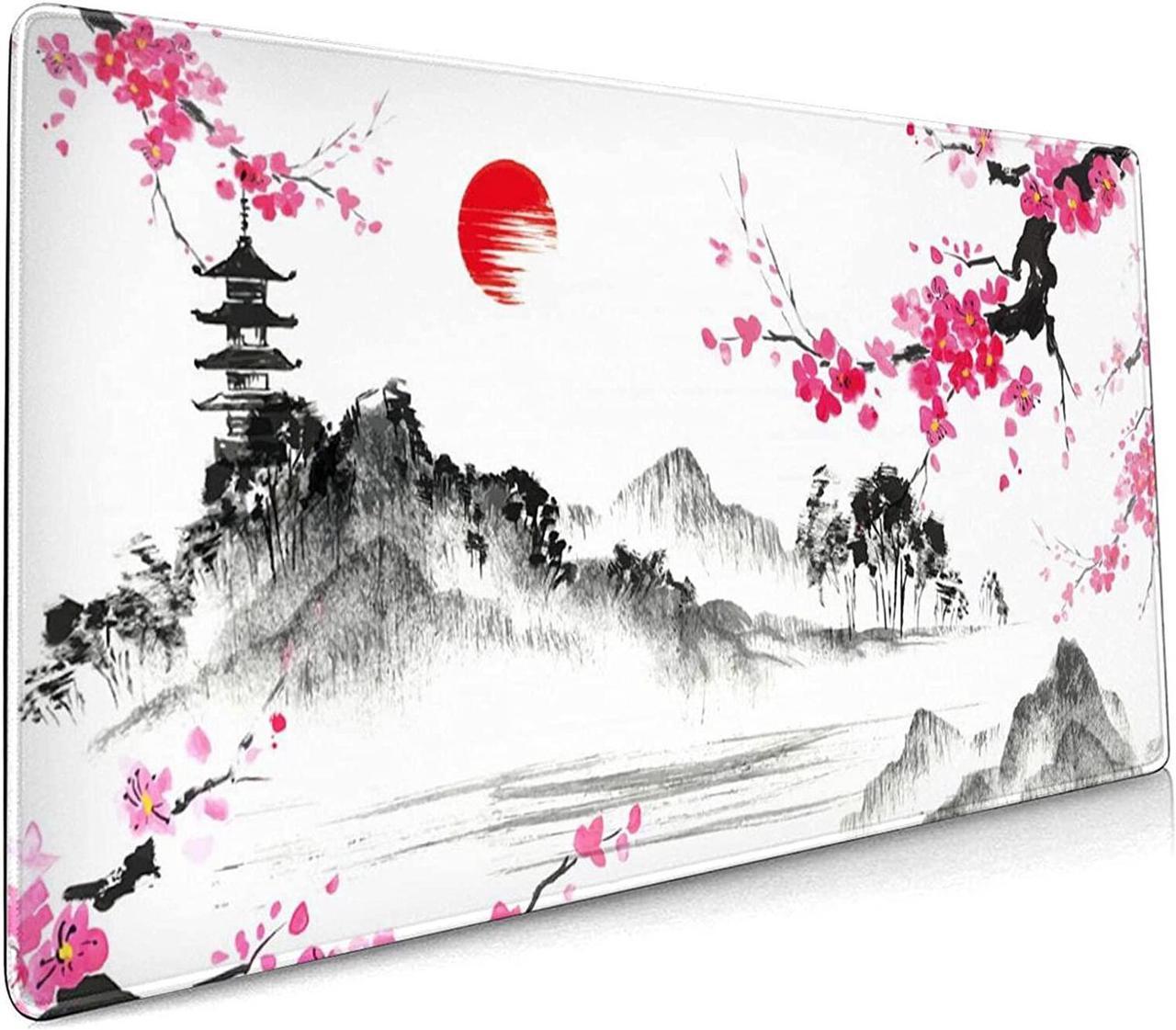 Watercolor Sakura Mouse Pad 35.4 X 15.7 Inch Japanese Hills Cherry Blossom Extended Large Pink Mouse Mat Non-Slip Rubber Base Mousepad with Stitched Edges Waterproof Desk Pad for Gaming&Home Office,XL