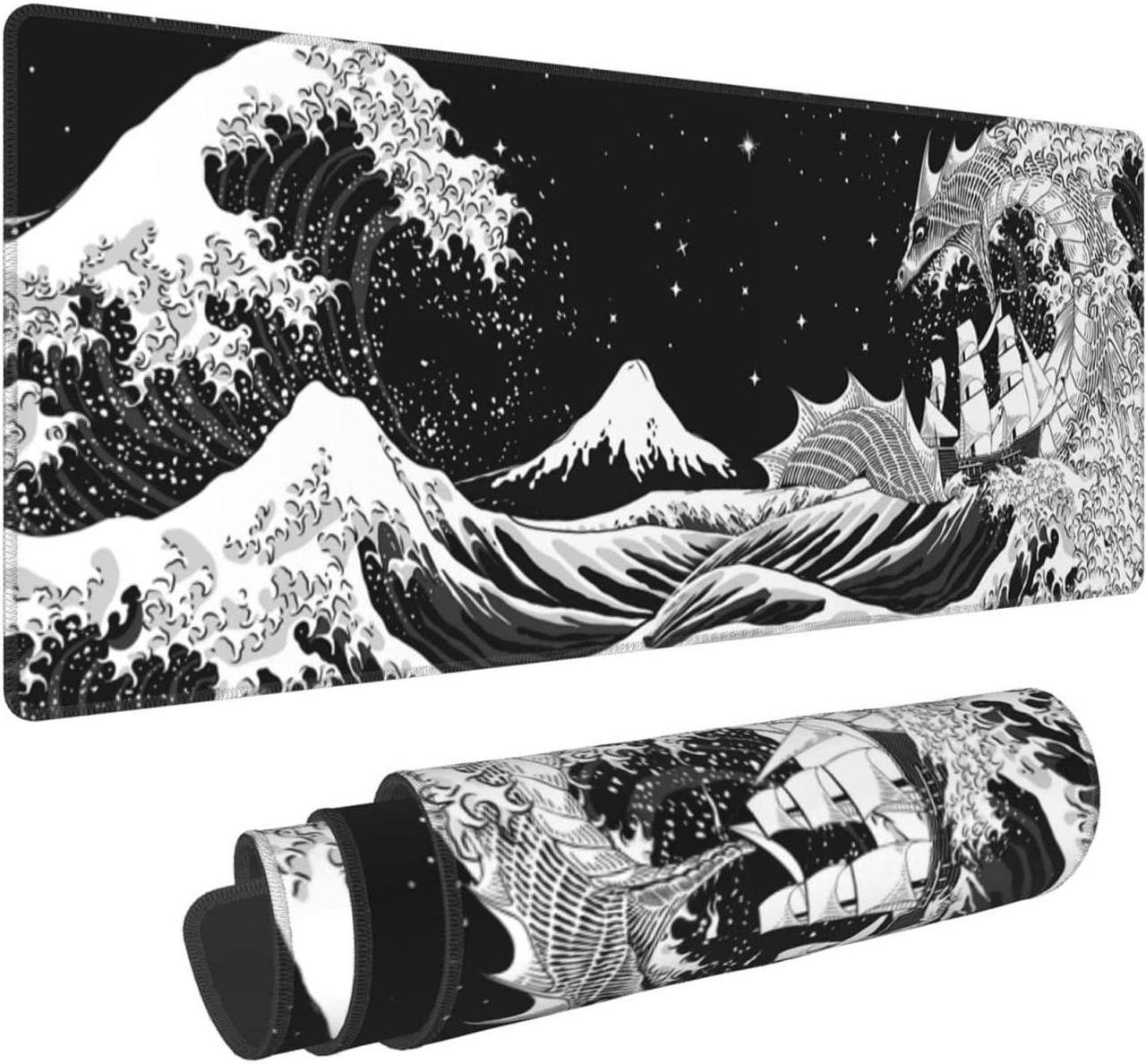 Black and White Japanese Waves Sea Dragon Gaming Mouse Pad XL, Extended Large Mouse Mat Desk Pad, Stitched Edges Mousepad, Long Non-Slip Rubber Base Mice Pad, 31.5 X 11.8 Inch