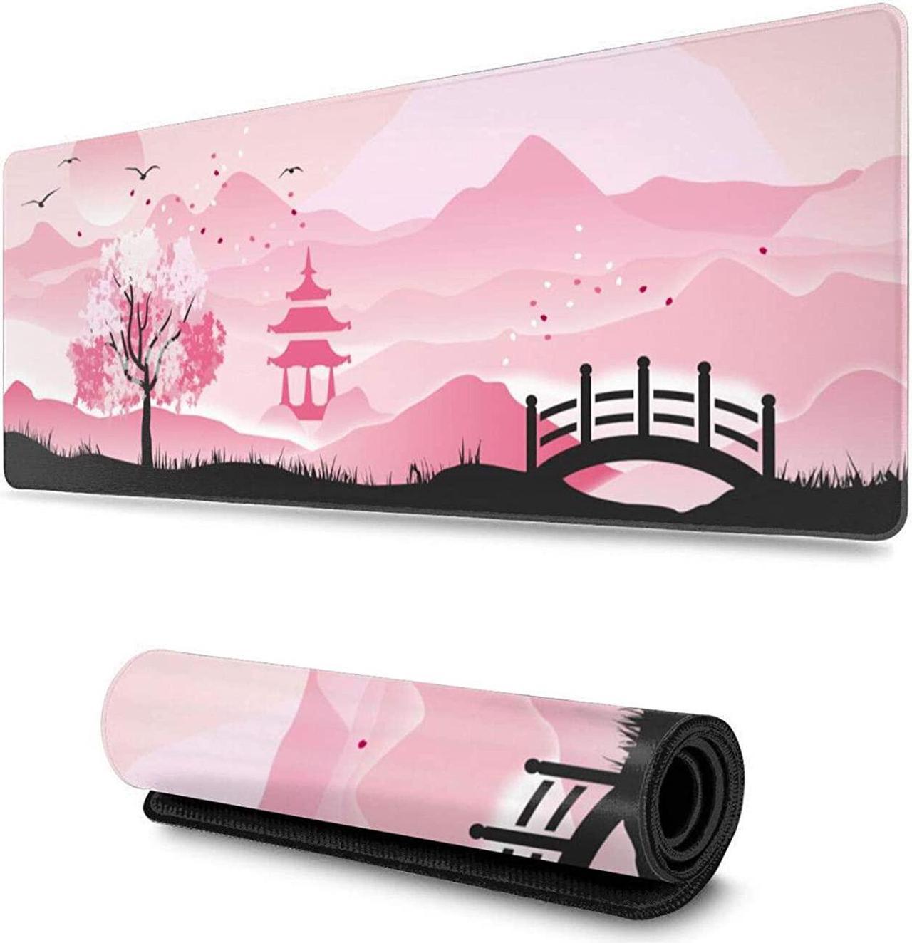 Japanese Landscape Pink Cherry Blossom Gaming Mouse Pad, Long Extended XL Mousepad Desk Pad, Large Rubber Mice Pads Stitched Edges, 31.5'' X 11.8''