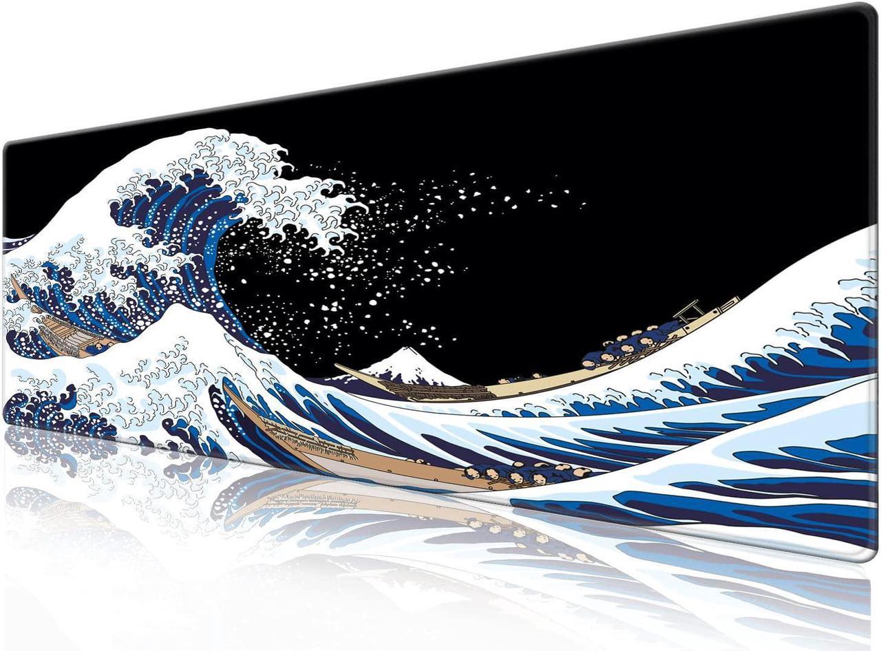 Desk Pad Protector,Mouse Pad with Non-Slip Rubber Base,Textured & Waterproof Mousepad with Stitched Edges,Large Desk mats for Computers,Laptop,Gaming,Office & Home,31.5 x 11.8 in,Great Wave