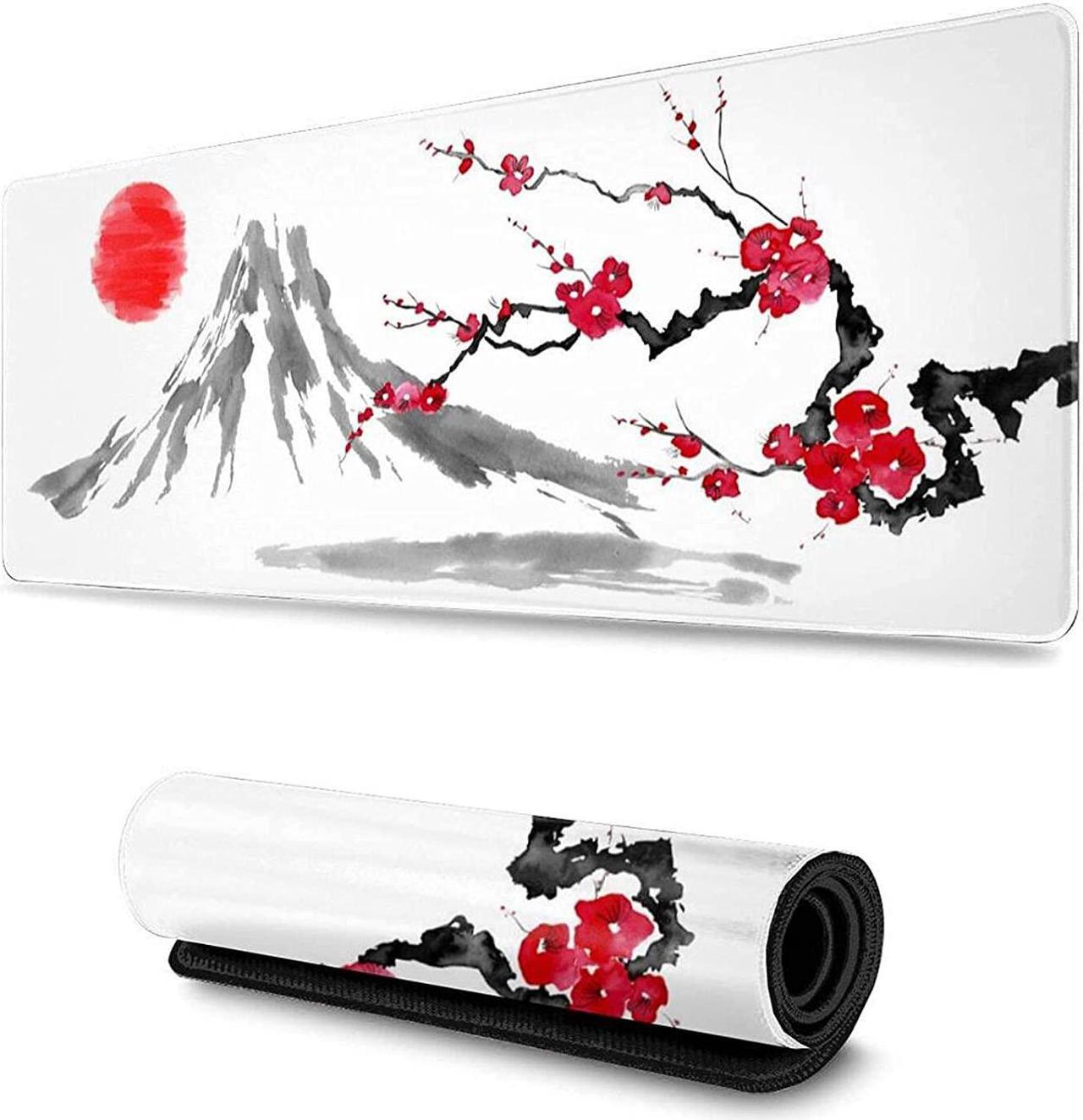 FDASLJ Japan Sumi-E Painting Fuji Mountain Blossom Sakura Gaming Mouse Pad XL Extended Large Mouse Mat Desk Pad Stitched Edges Mousepad Long Non-Slip Rubber Base Mice Pad 31.5 X 11.8 Inch