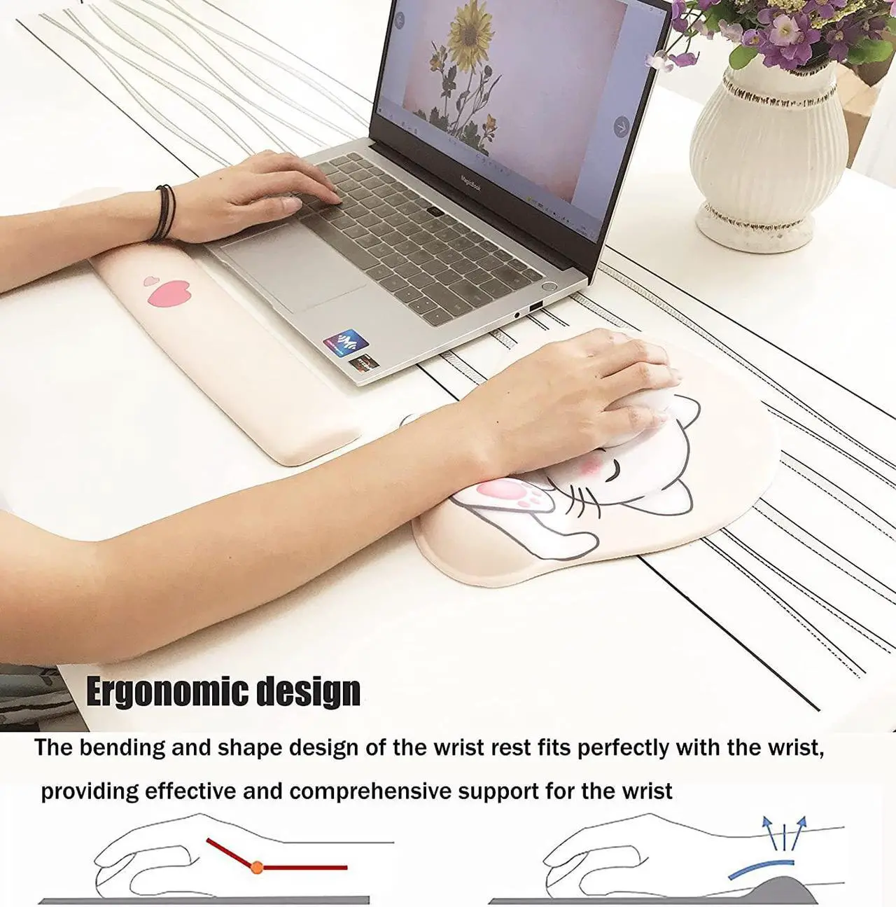 Alt view image 5 of 7 - Keyboard wrist rest and mouse pad and mouse wrist rest support set , anime kawaii cute pink mouse pad and keyboard pad set ,Silica gel easy typing pain relief ,suitable for computers, laptops(apricot)