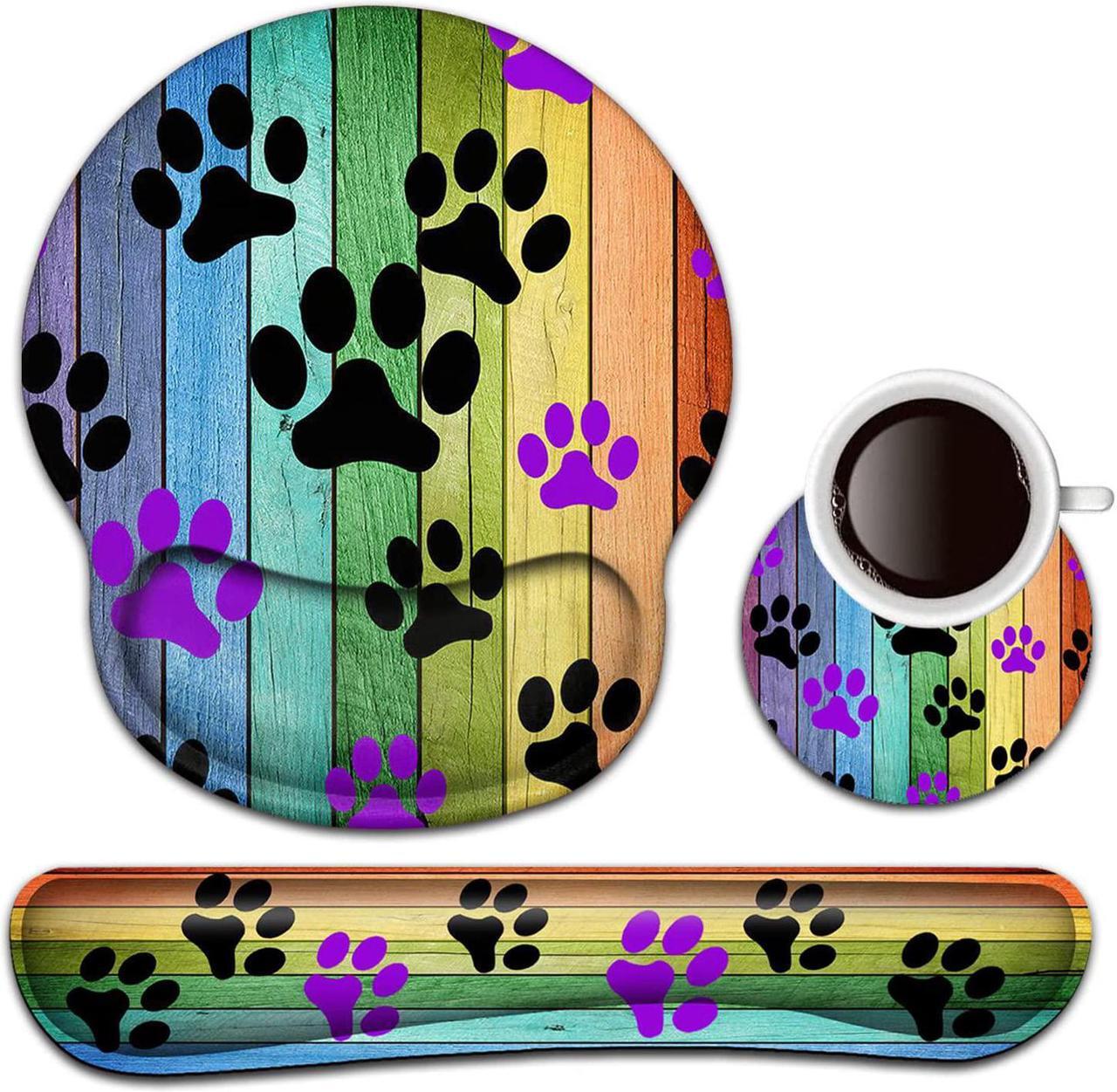 Main image of Keyboard Wrist Rest and Mouse Pad with Wrist Support, Ergonomic Gel Mouse Pad Coaster,Easy Typing Pain Relief, Memory Foam Keyboard Mousepad Set,Rainbow Woodgrain Black and Purple Dog Paw