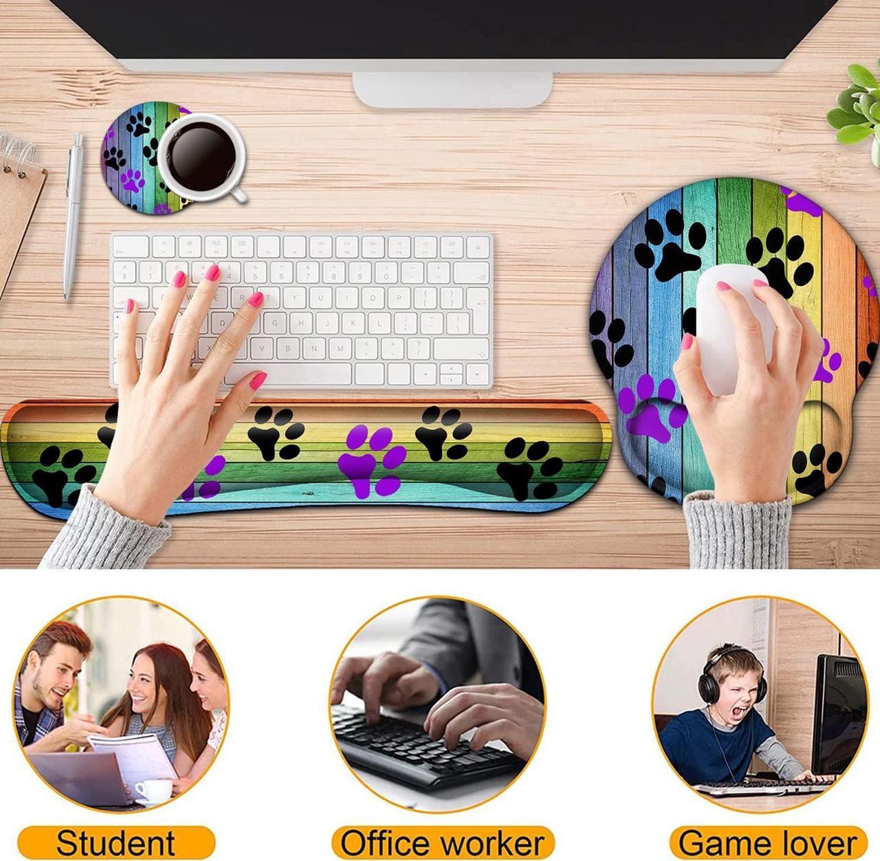Alt view image 3 of 7 - Keyboard Wrist Rest and Mouse Pad with Wrist Support, Ergonomic Gel Mouse Pad Coaster,Easy Typing Pain Relief, Memory Foam Keyboard Mousepad Set,Rainbow Woodgrain Black and Purple Dog Paw