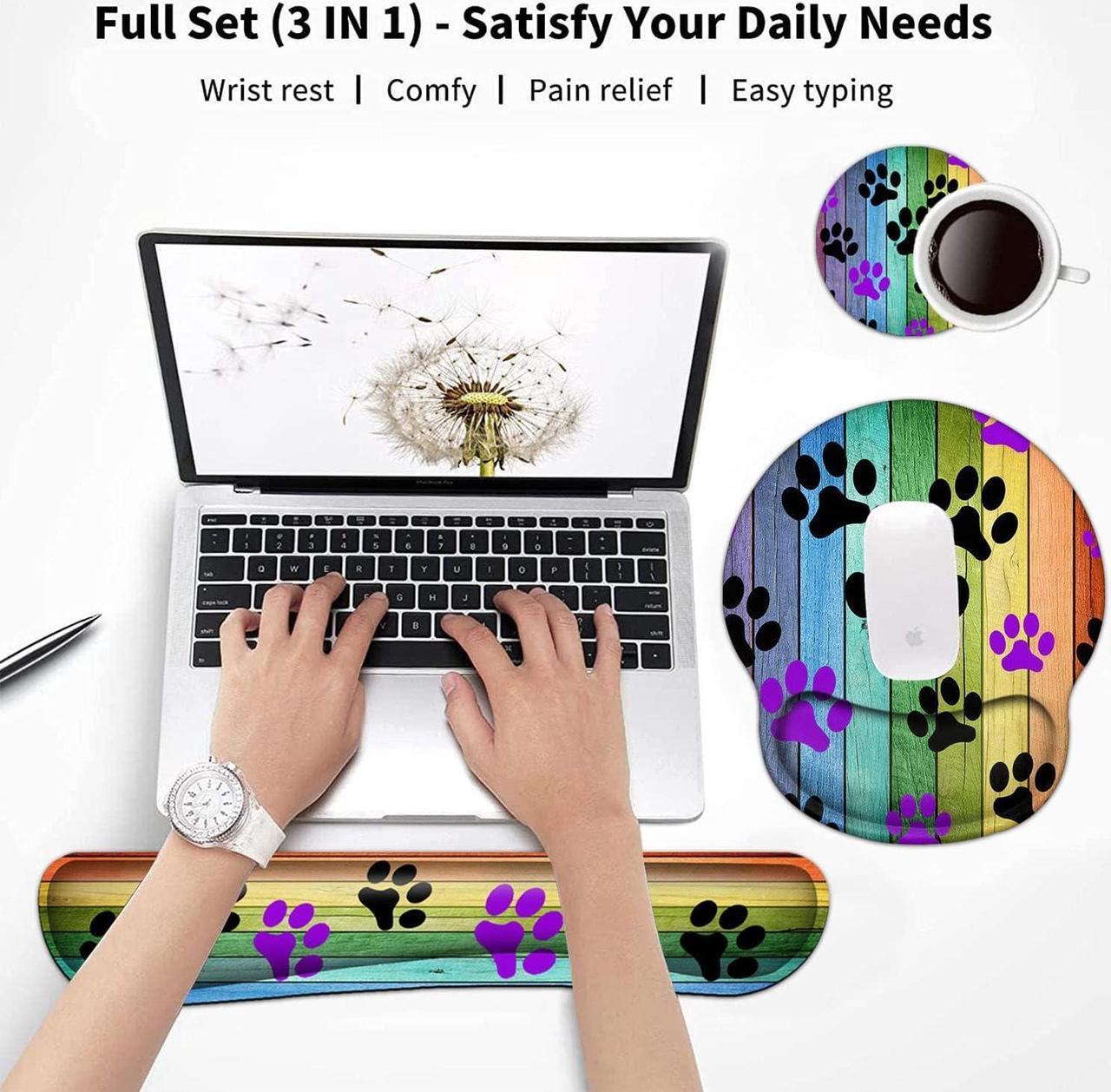 Alt view image 2 of 7 - Keyboard Wrist Rest and Mouse Pad with Wrist Support, Ergonomic Gel Mouse Pad Coaster,Easy Typing Pain Relief, Memory Foam Keyboard Mousepad Set,Rainbow Woodgrain Black and Purple Dog Paw