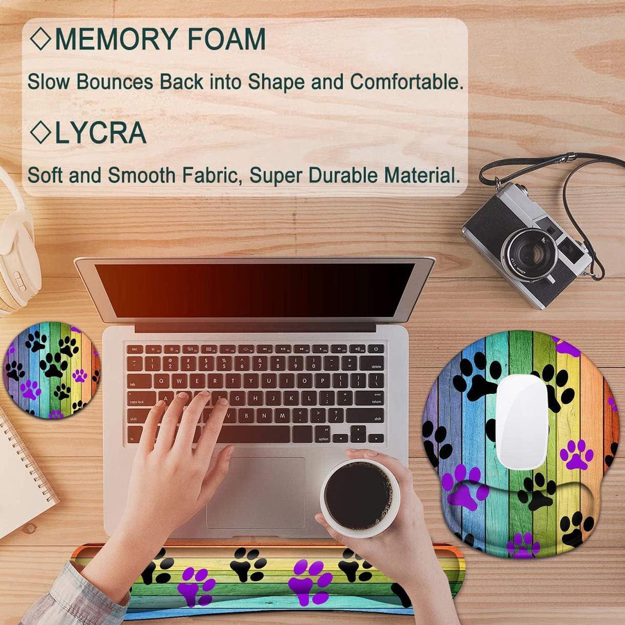 Alt view image 7 of 7 - Keyboard Wrist Rest and Mouse Pad with Wrist Support, Ergonomic Gel Mouse Pad Coaster,Easy Typing Pain Relief, Memory Foam Keyboard Mousepad Set,Rainbow Woodgrain Black and Purple Dog Paw