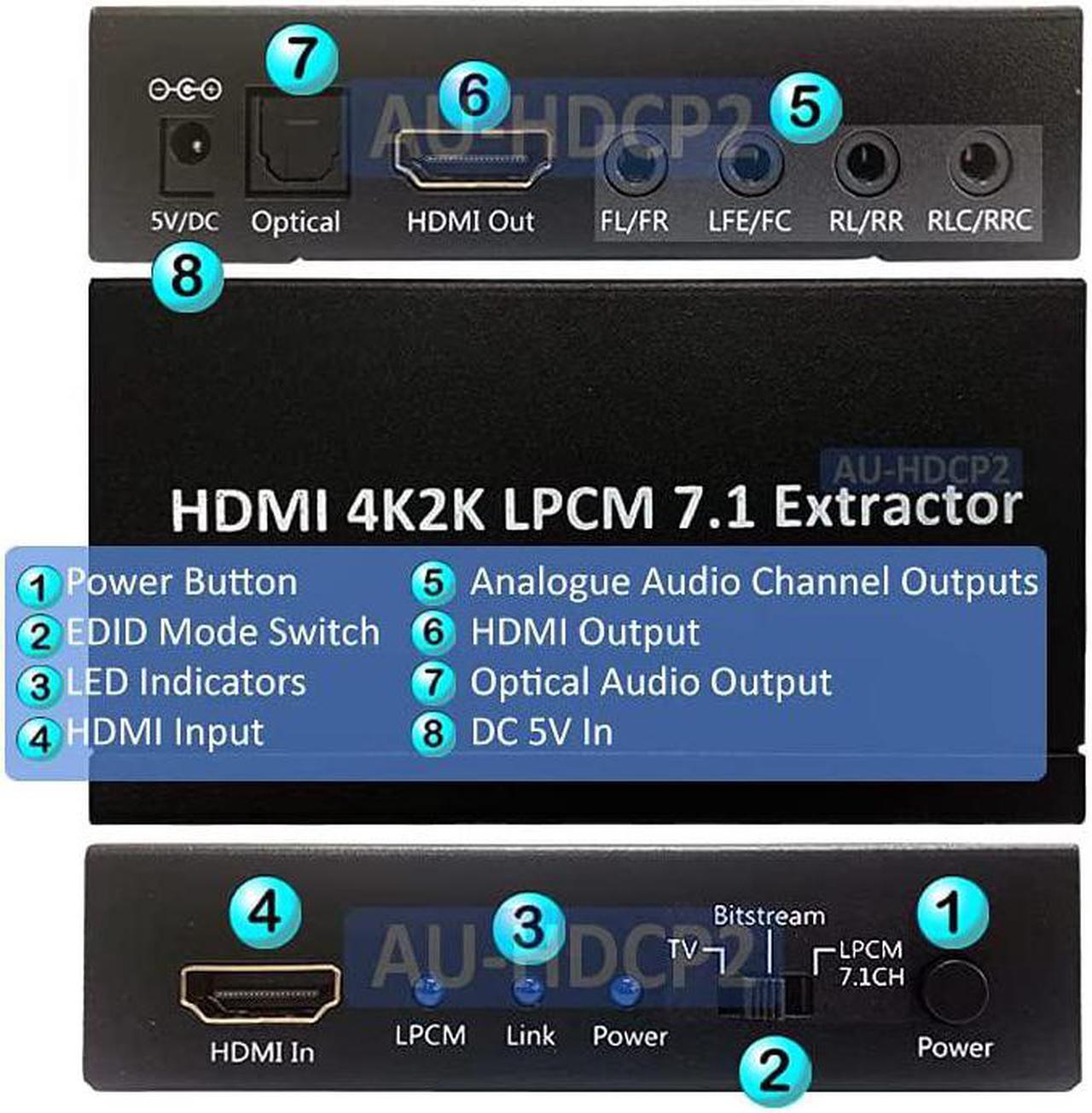 Alt view image 2 of 7 - 4K HDMI to Optical Audio Converter + HDMI PCM 5.1 7.1 to Analog Surround Decoder