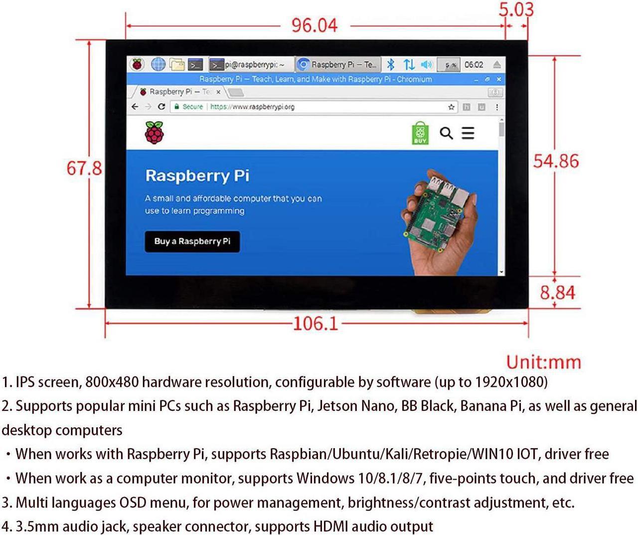 Alt view image 7 of 7 - waveshare 4.3inch HDMI LCD 800x480 IPS Capacitive Touch Screen HDMI Interface Support All Version Raspberry Pi 4B/3B+/3B/2B/Zero/Zero W/Zero WH,Jetson Nano BB Black Banana Pi Windows 10/8.1/8/7