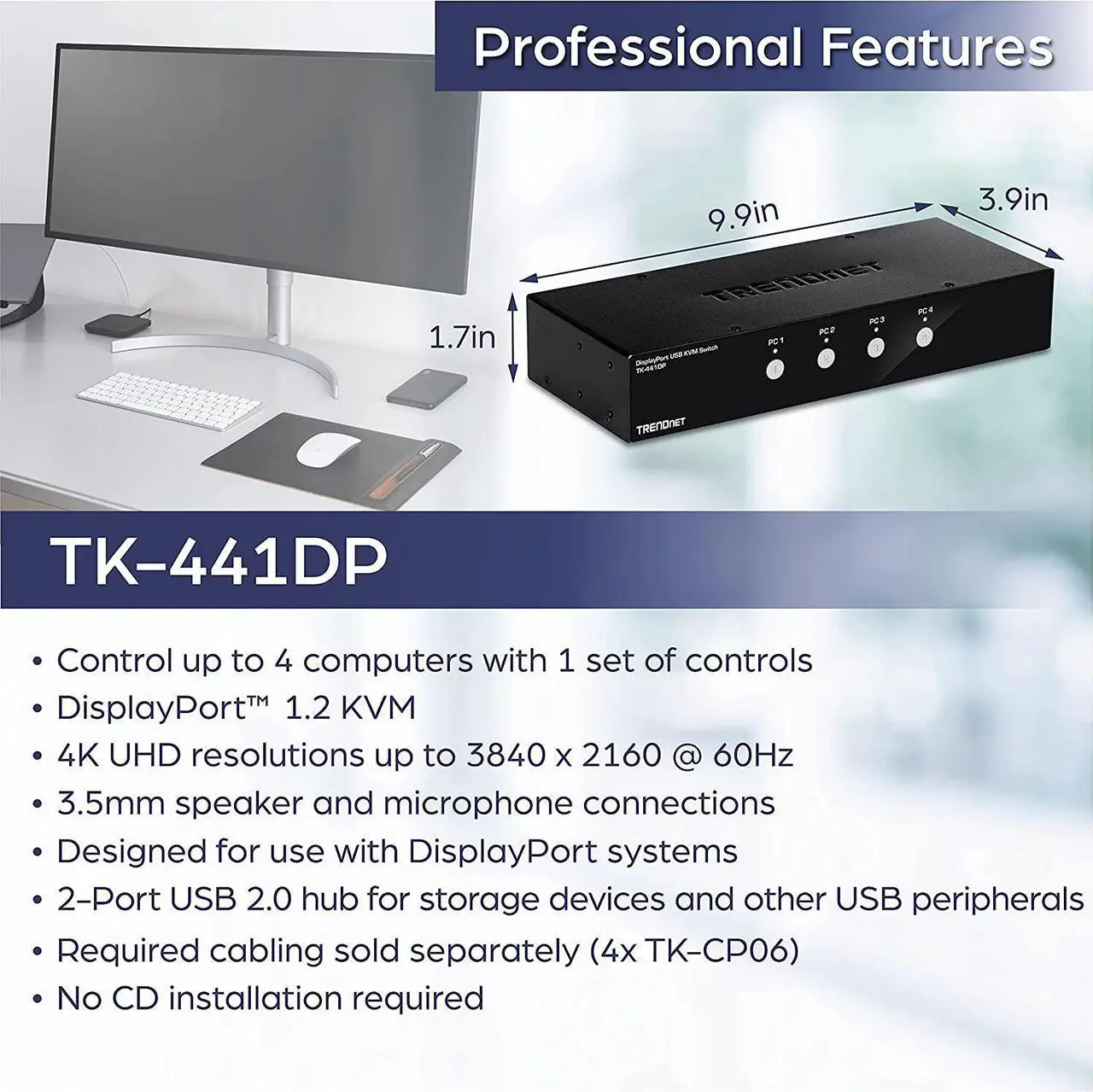 Alt view image 2 of 5 - TRENDnet 4-Port Monitor DisplayPort KVM Switch with Audio, 2-Port USB 2.0 Hub, Supports 4K UHD 3840 x 2160 @ 60Hz, DisplayPort 1.2, Black, TK-441DP