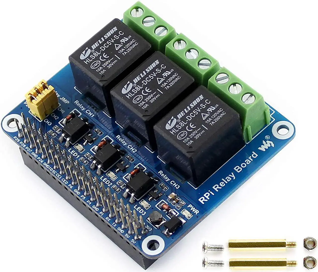Main image of RPi Relay Board Raspberry Pi Expansion Board, Three Channel (3-CH) Power Relay Module for Raspberry Pi 4B/3B+/3B/2B/A+/B+, Loads up to 5A 250V AC or 5A 30V DC