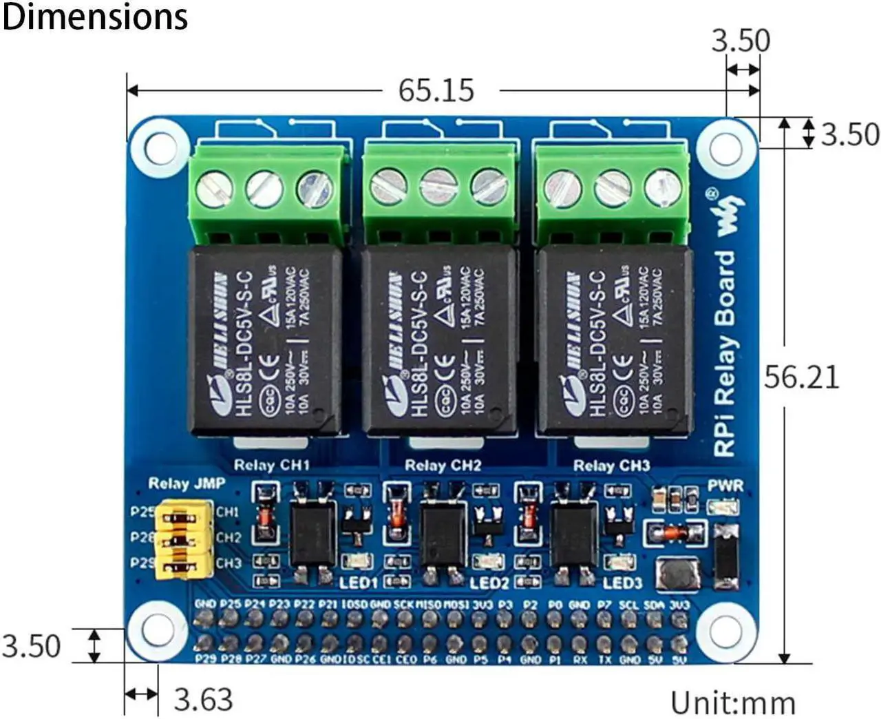 Alt view image 3 of 7 - RPi Relay Board Raspberry Pi Expansion Board, Three Channel (3-CH) Power Relay Module for Raspberry Pi 4B/3B+/3B/2B/A+/B+, Loads up to 5A 250V AC or 5A 30V DC