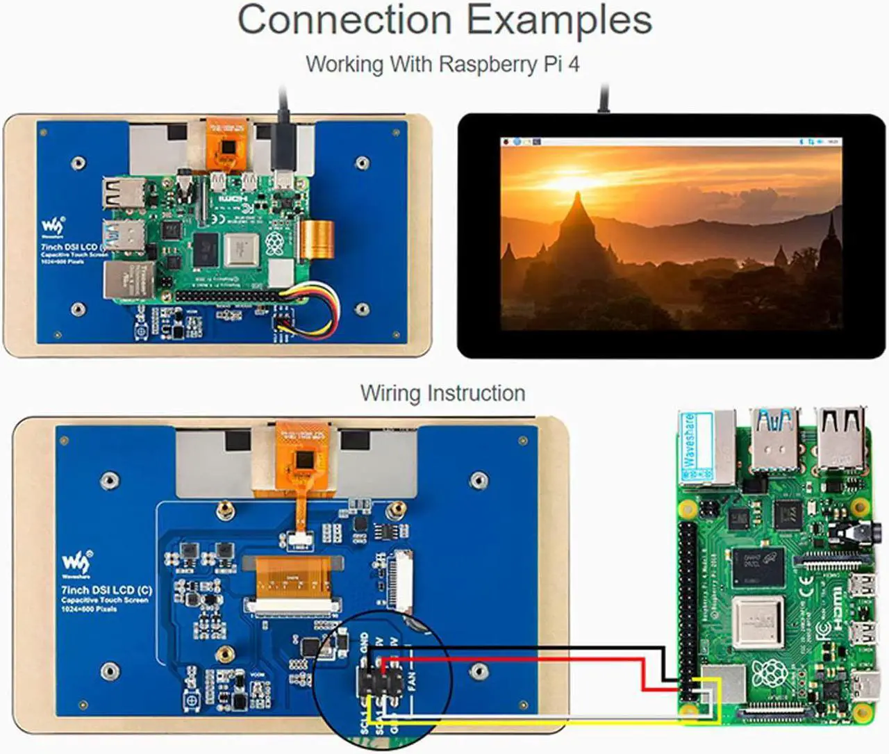 Alt view image 3 of 7 - waveshare 7inch DSI LCD 1024×600 Touch Screen for Raspberry Pi 4B/3B+/3A+/Compute Module 4 (CM4)/Compute Module 3+ (CM3+) Toughened Glass IPS Display Capacitive Monitor 5-Points Touch Driver Required