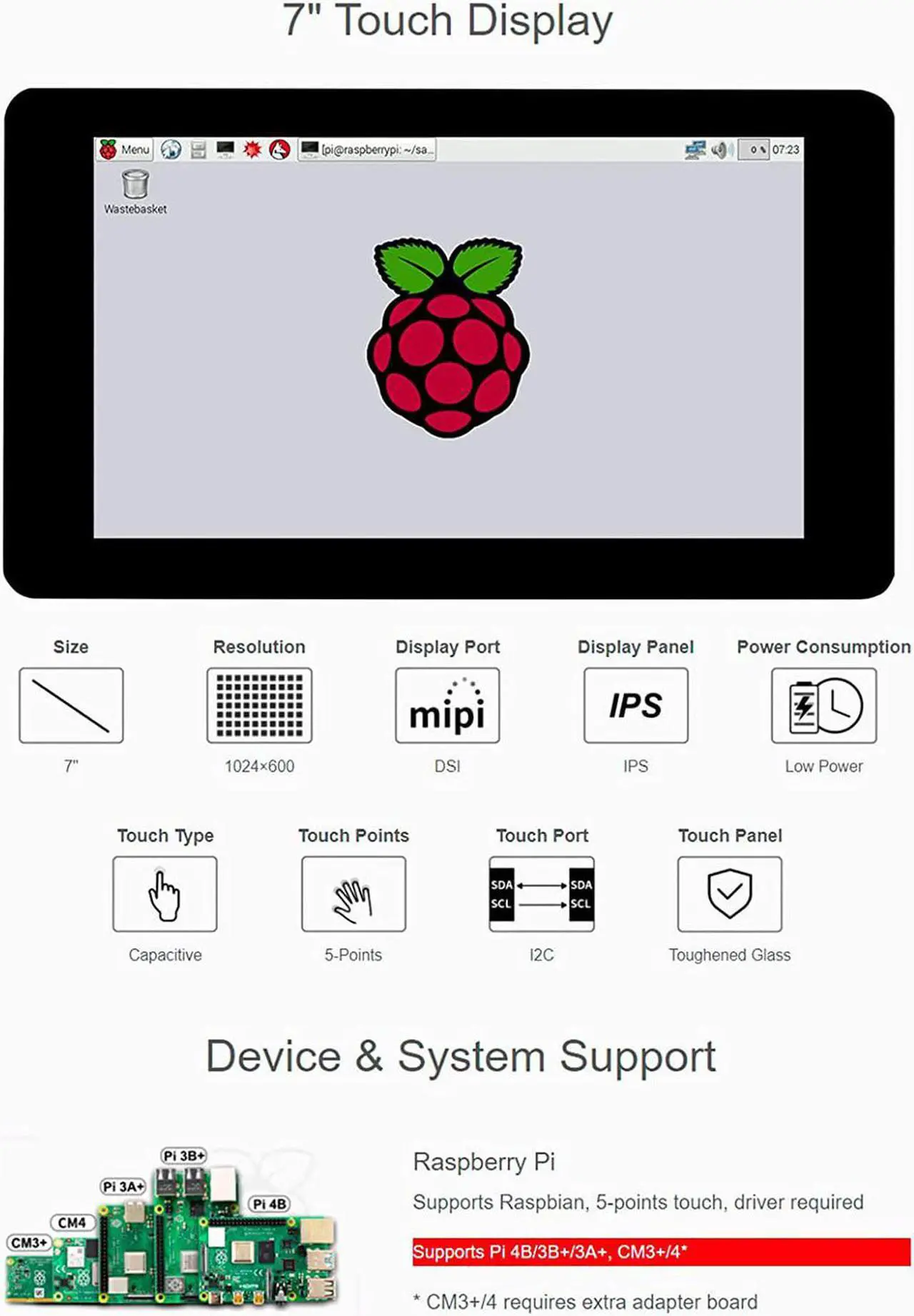 Alt view image 2 of 7 - waveshare 7inch DSI LCD 1024×600 Touch Screen for Raspberry Pi 4B/3B+/3A+/Compute Module 4 (CM4)/Compute Module 3+ (CM3+) Toughened Glass IPS Display Capacitive Monitor 5-Points Touch Driver Required