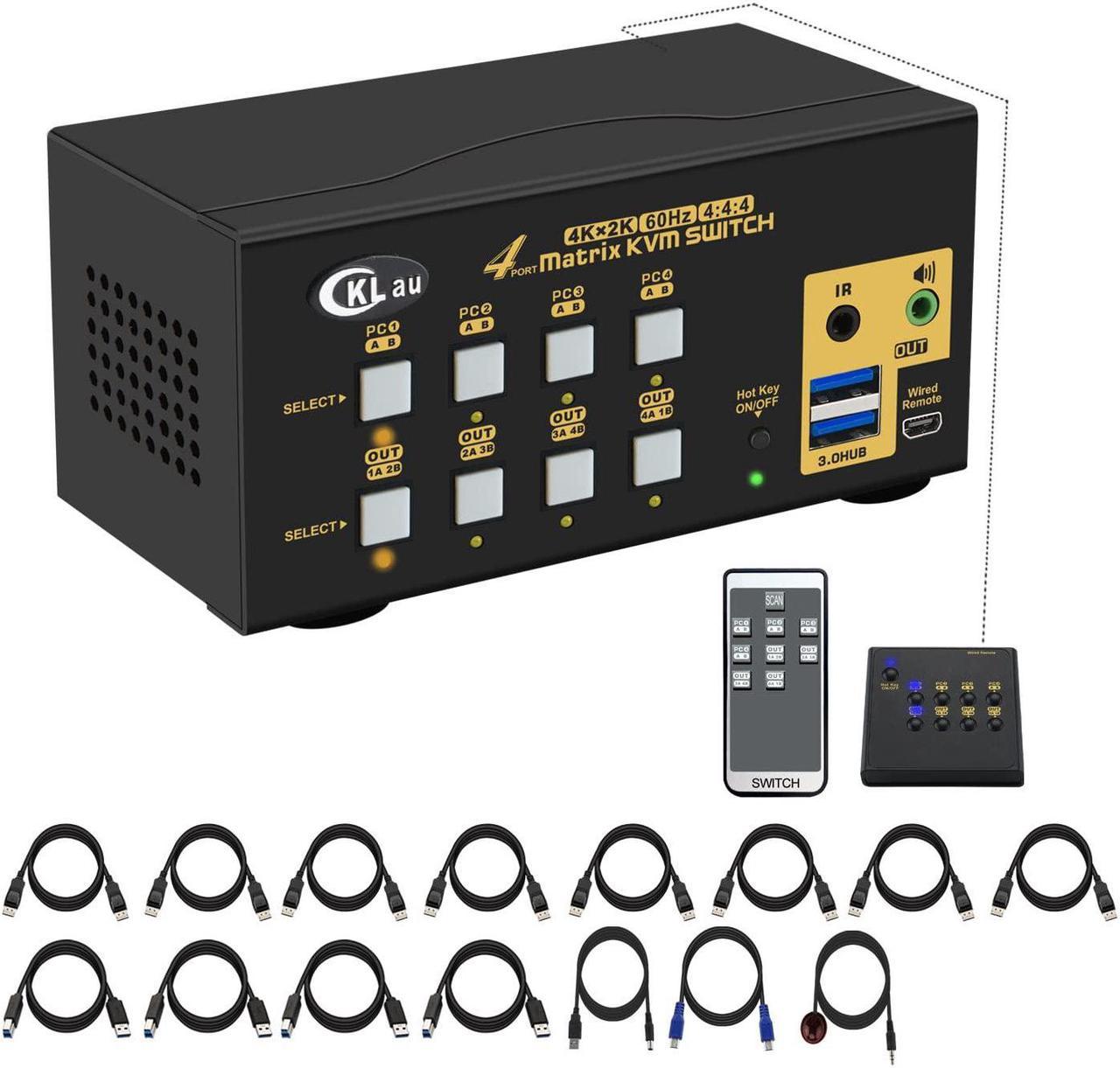 CKLau USB 3.0 Matrix Displayport 1.2 KVM Switch Dual Monitor for 4 Computers 2 Monitors with Audio and Cables Support Simulation EDID, HDR 10