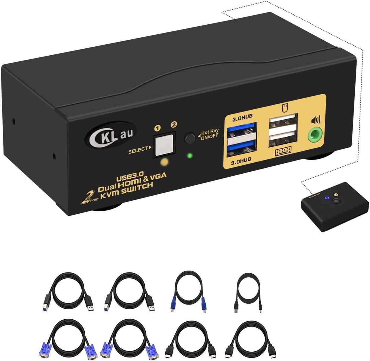 CKLau 4Kx2K@60Hz 4:4:4 2 Port USB 3.0 Dual Monitor KVM Switch HDMI + VGA with Audio and Cables, HDMI VGA KVM Switch 2 Monitors 2 Computers Support Wireless Keyboard Mouse