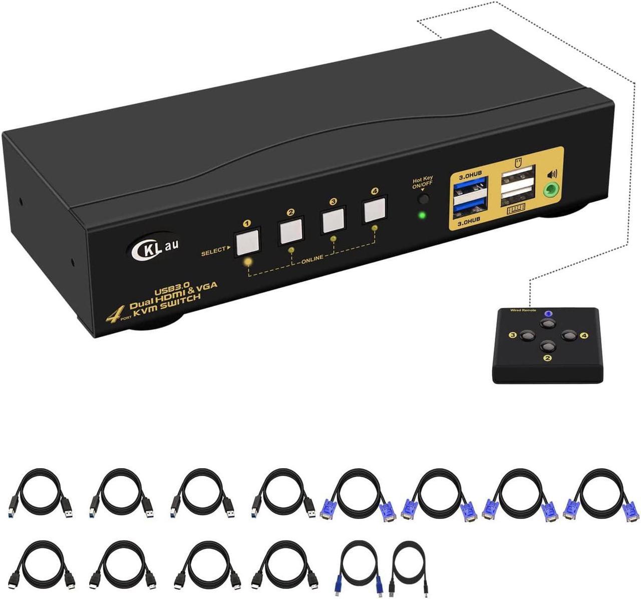 CKLau 4x2 USB 3.0 VGA + HDMI KVM Switch 2 Monitors 4K@60Hz with Cables and Audio, PCs Monitor Keyboard Video Mouse Peripherals Sharing Box