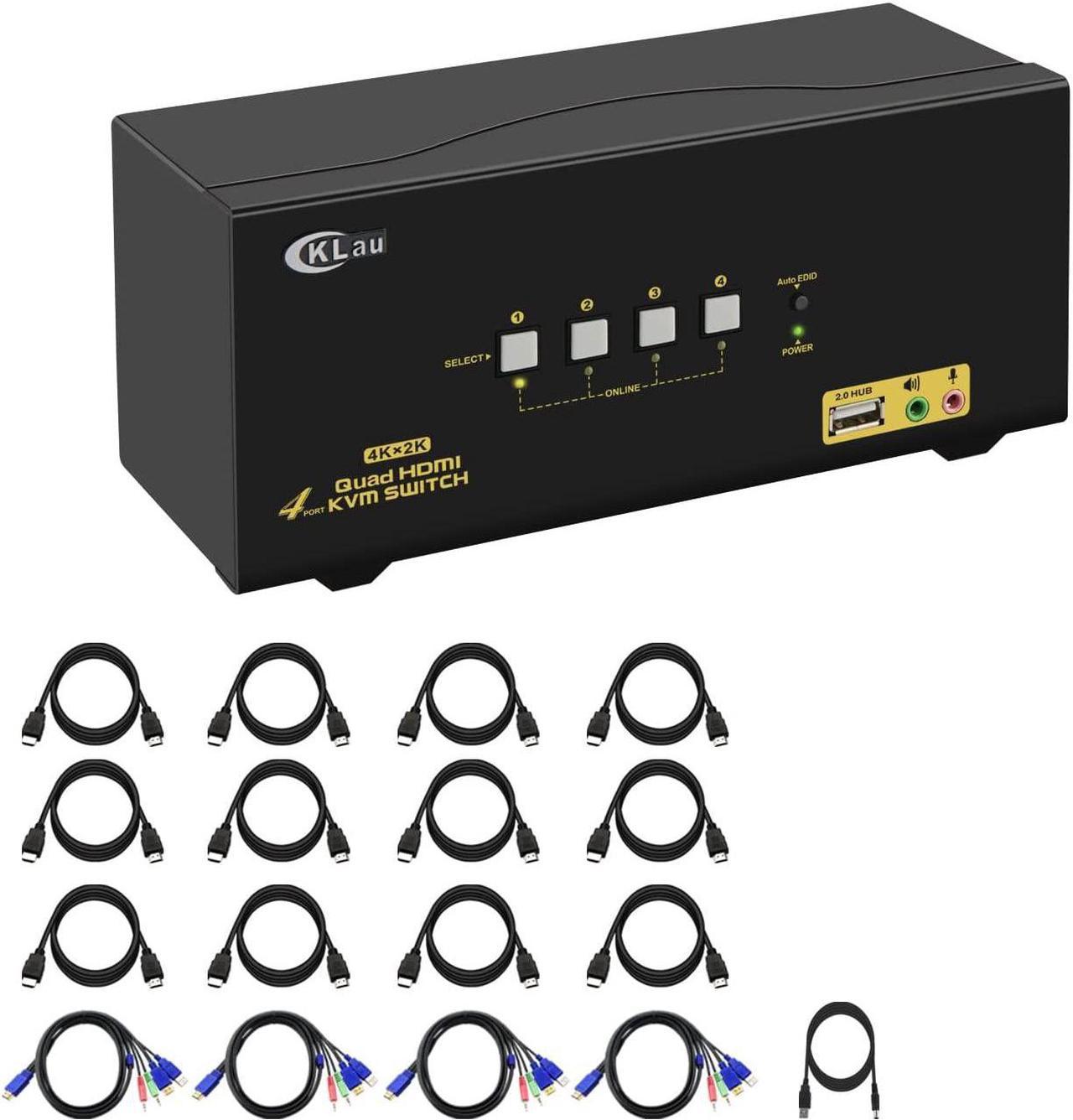 CKLau 4Kx2K@60Hz 4 Port Quad Monitor KVM HDMI Switch with Audio, Microphone, USB 2.0 Hub, Cables for 4 Computers Sharing Single Keyboard, Mouse and 4 Monitors Support HDMI 2.0, EDID