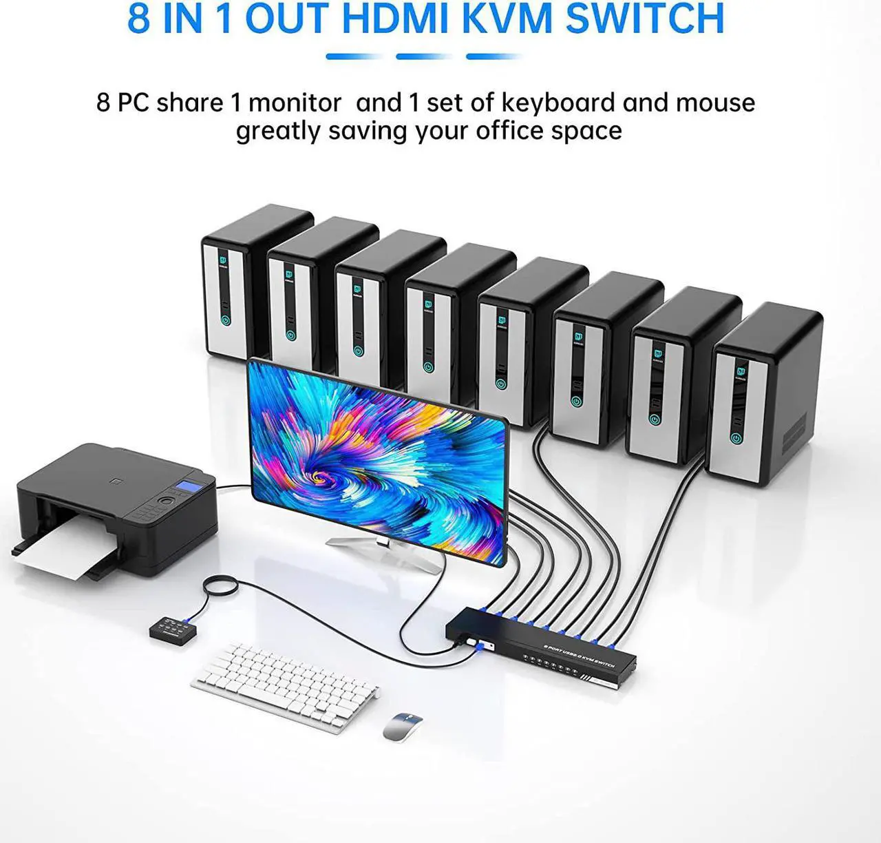 Alt view image 4 of 6 - KVM Switch HDMI 8 Port, Yinker 4K@30Hz USB HDMI Rack Mout KVM 8 in 1 Out w/9pack Cables 4 USB 2.0 Hubs Desktop Selector IR Remote Rack Mount Ears