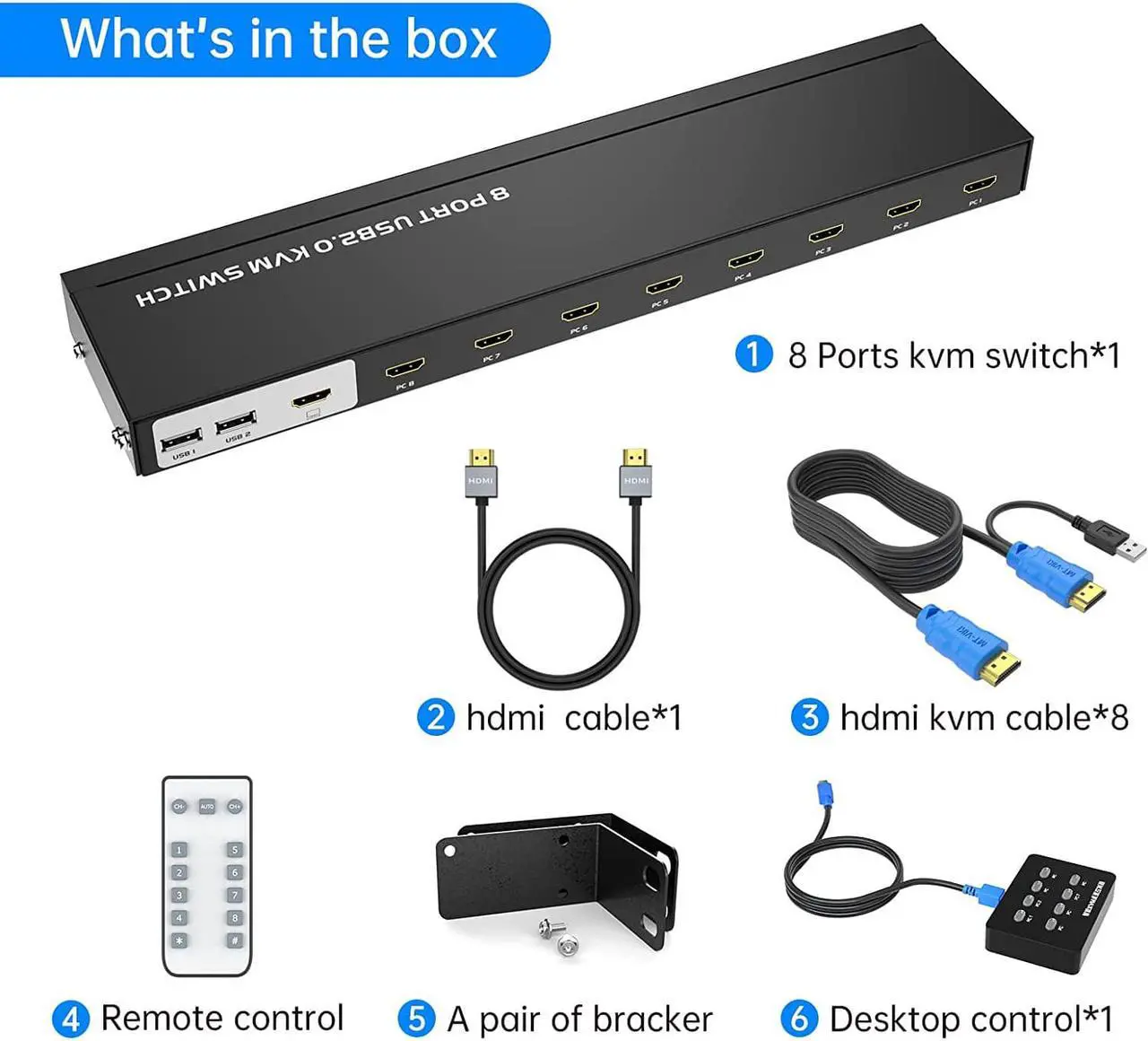 Alt view image 6 of 6 - KVM Switch HDMI 8 Port, Yinker 4K@30Hz USB HDMI Rack Mout KVM 8 in 1 Out w/9pack Cables 4 USB 2.0 Hubs Desktop Selector IR Remote Rack Mount Ears