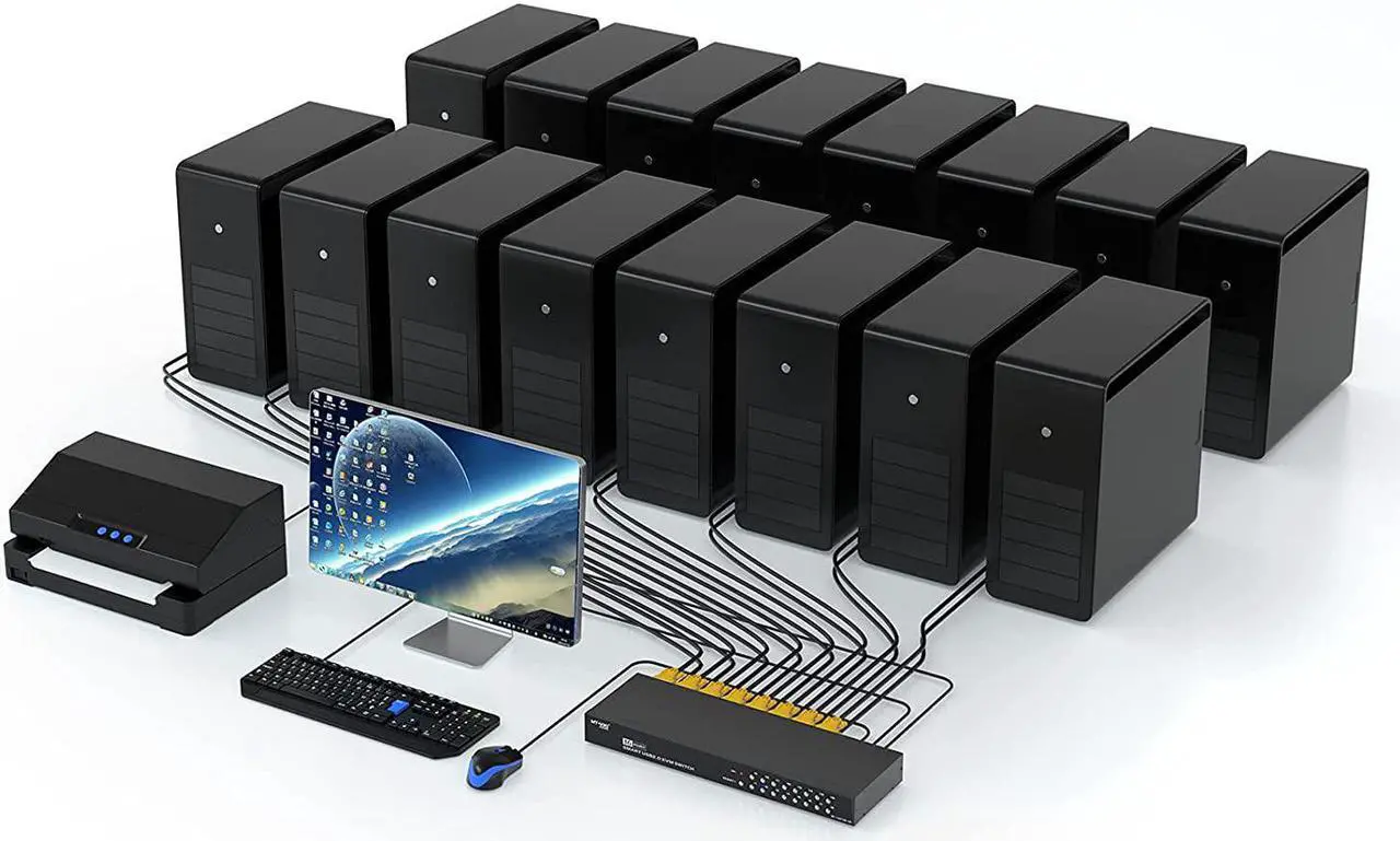 Alt view image 5 of 7 - 16 Port KVM Switch, MT-VIKI Rackmount KVM Switch VGA 16x1 USB VGA KVM Console + 16packs KVM Cables + Rack-Ears for 1U Rack + IR Remote