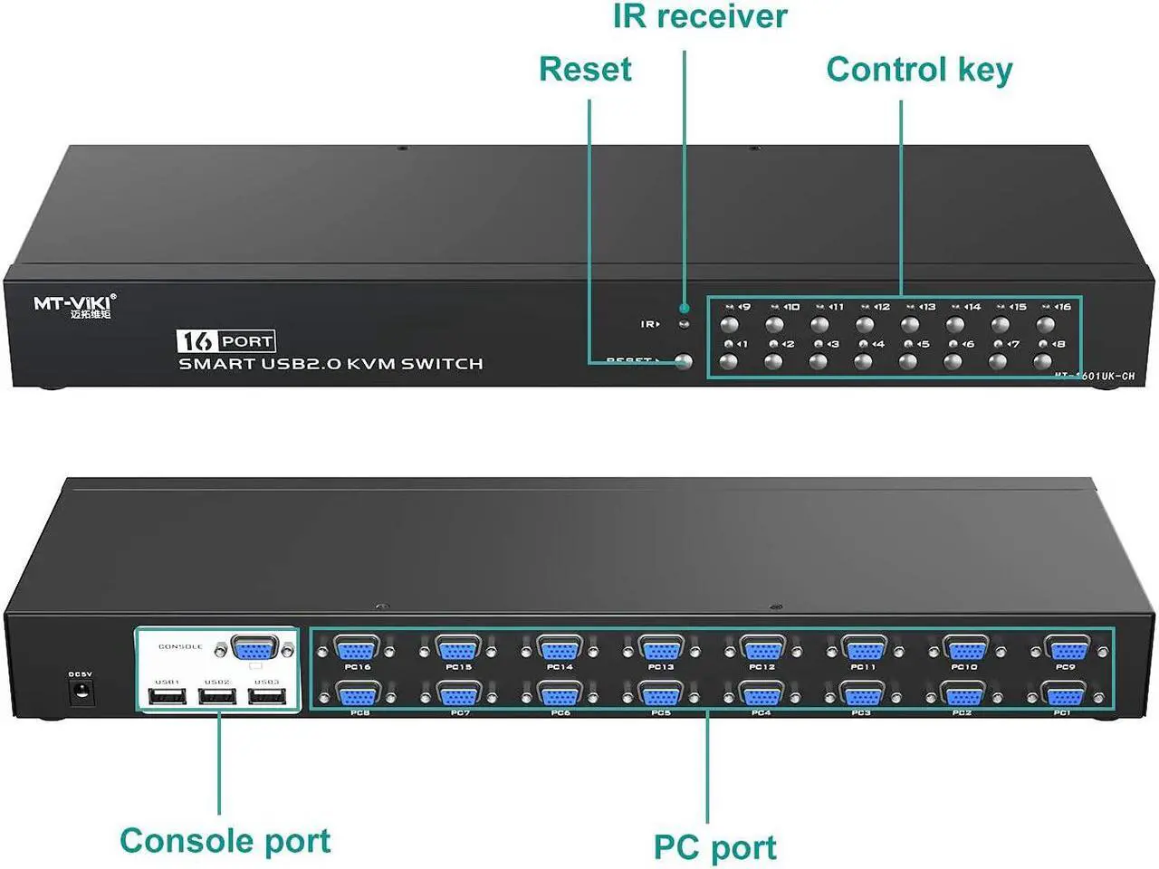 Alt view image 7 of 7 - 16 Port KVM Switch, MT-VIKI Rackmount KVM Switch VGA 16x1 USB VGA KVM Console + 16packs KVM Cables + Rack-Ears for 1U Rack + IR Remote