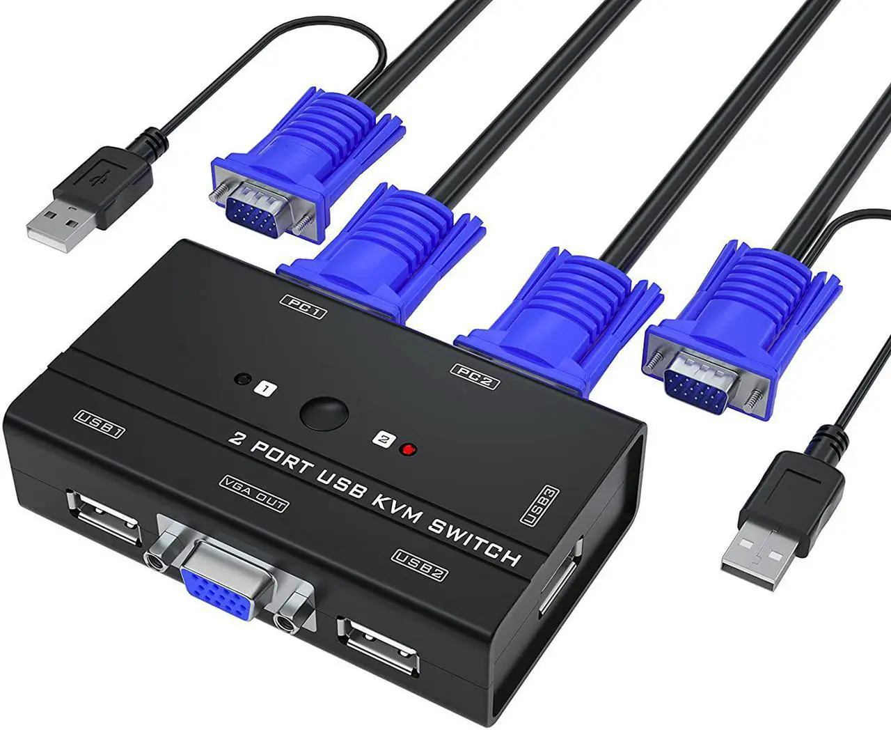 Main image of VGA KVM Switch, 2 Port USB VGA KVM Switch w/2 KVM Cables & 3 USB Hubs for 2 Computers Share One Monitor Keyboard Mouse