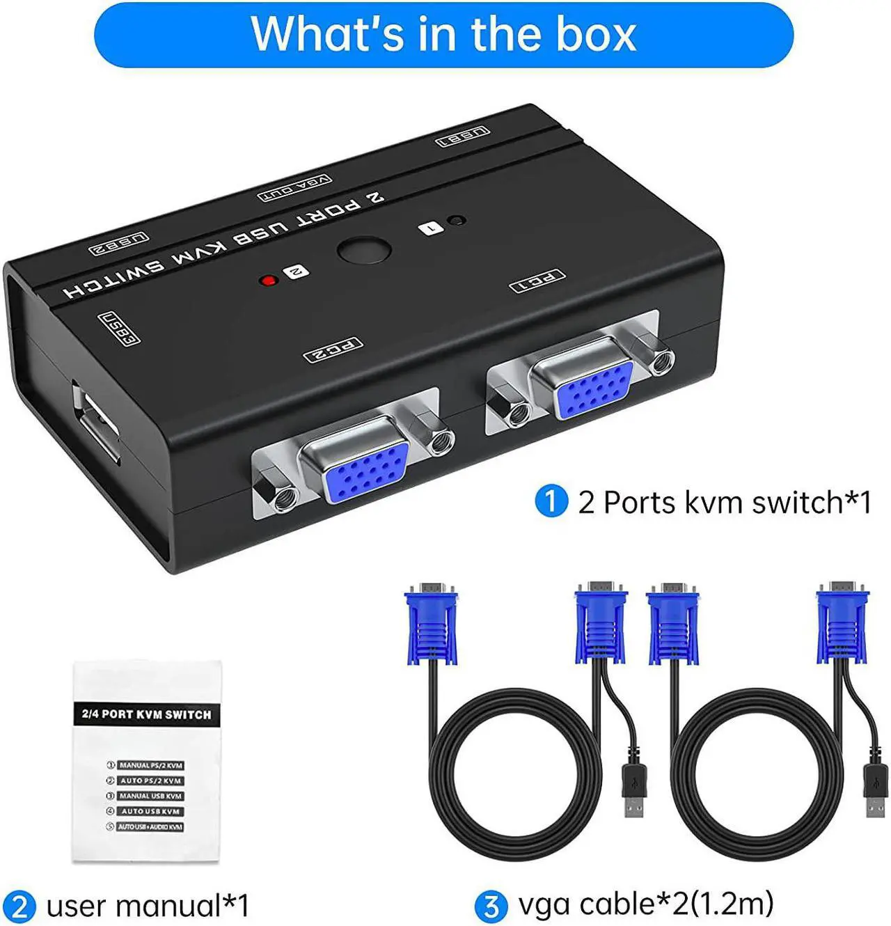Alt view image 6 of 7 - VGA KVM Switch, 2 Port USB VGA KVM Switch w/2 KVM Cables & 3 USB Hubs for 2 Computers Share One Monitor Keyboard Mouse