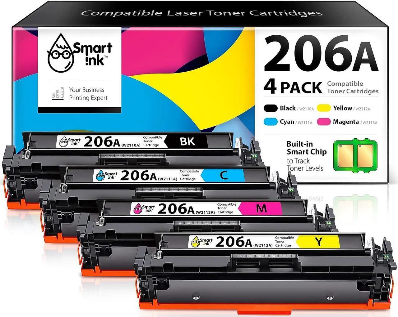 Main image of Smart Ink Compatible Toner Cartridge Replacement  206A 206 A with Built-in Chip (4 Pack) to use with Color Laserjet Pro MFP M283fdw M283cdw Laserjet Pro M255dw M255nw (Black Cyan Magenta Yellow)