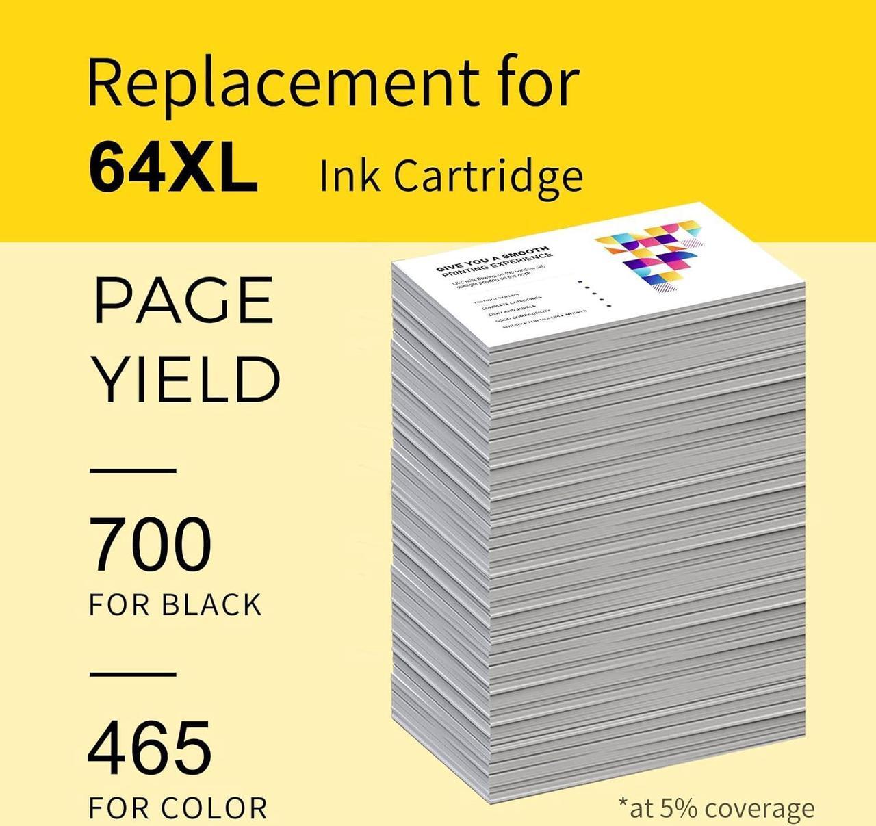 Alt view image 3 of 7 - 64XL Ink Cartridges Combo Pack Replacement  64 XL 64XL Ink Work  Envy Photo 7855 7155 7858 7800 6255; Envy Inspire 7950e Tango Series HP64 HP64XL Printer (1 Black, 1 Tri-Color)