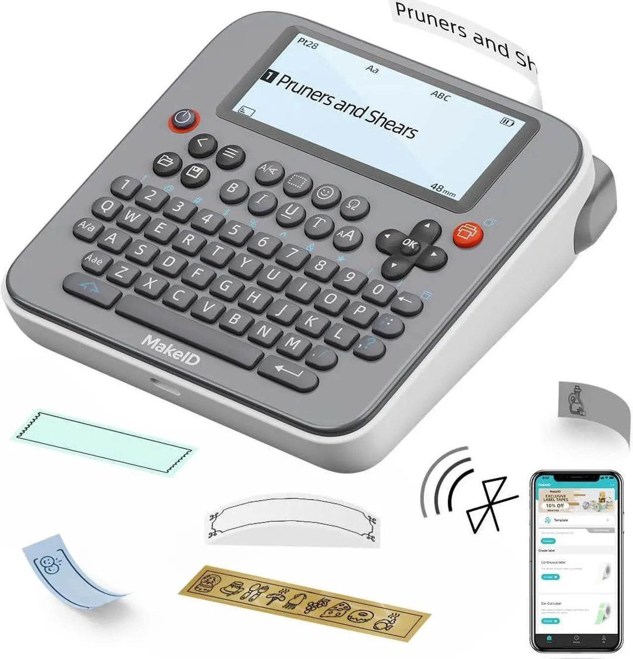 Main image of Makeid E1 Label Maker - Bluetooth Compatible Thermal Printer - QWERTY Keyboard Portable Label Maker, 3.4" Large LCD Screen - Prints 9/12/16mm Waterproof Label Tapes - Includes 13.3' Tape, USB Cable