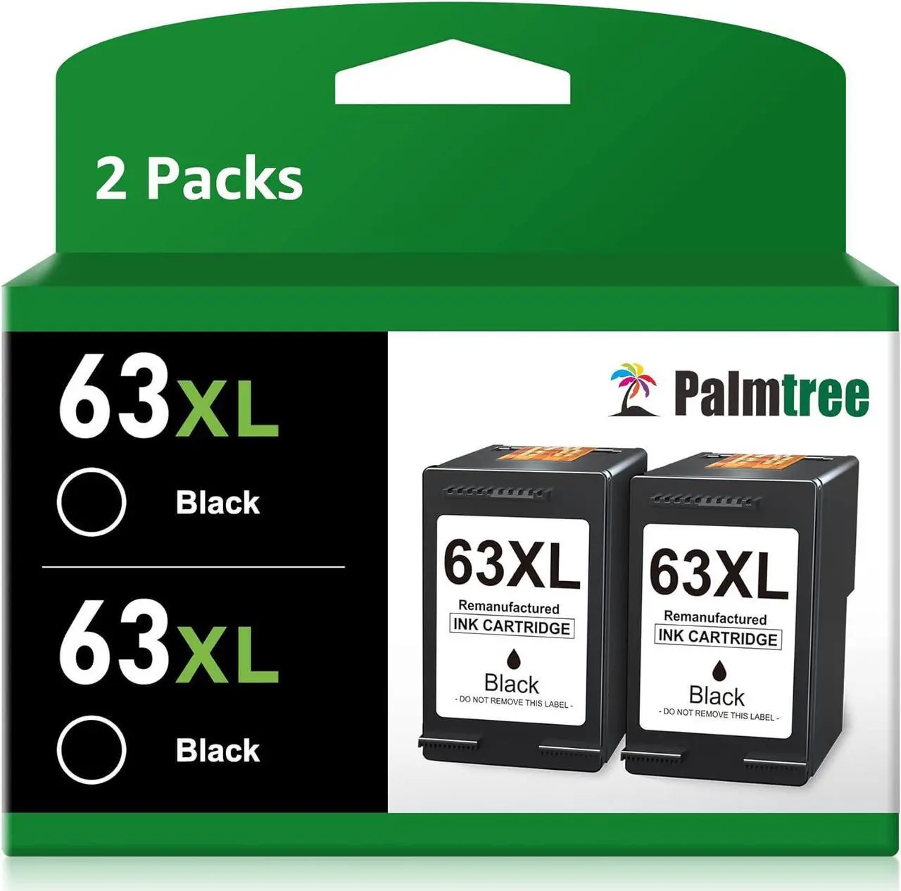 Main image of Palmtree Remanufactured Ink Cartridge Replacement  63XL Black Ink Cartridge  Envy 4520 4512 Officejet 3830 4650 5258 5255 4655 3833 Deskjet 1112 3631 Ink Printer (2 Black)