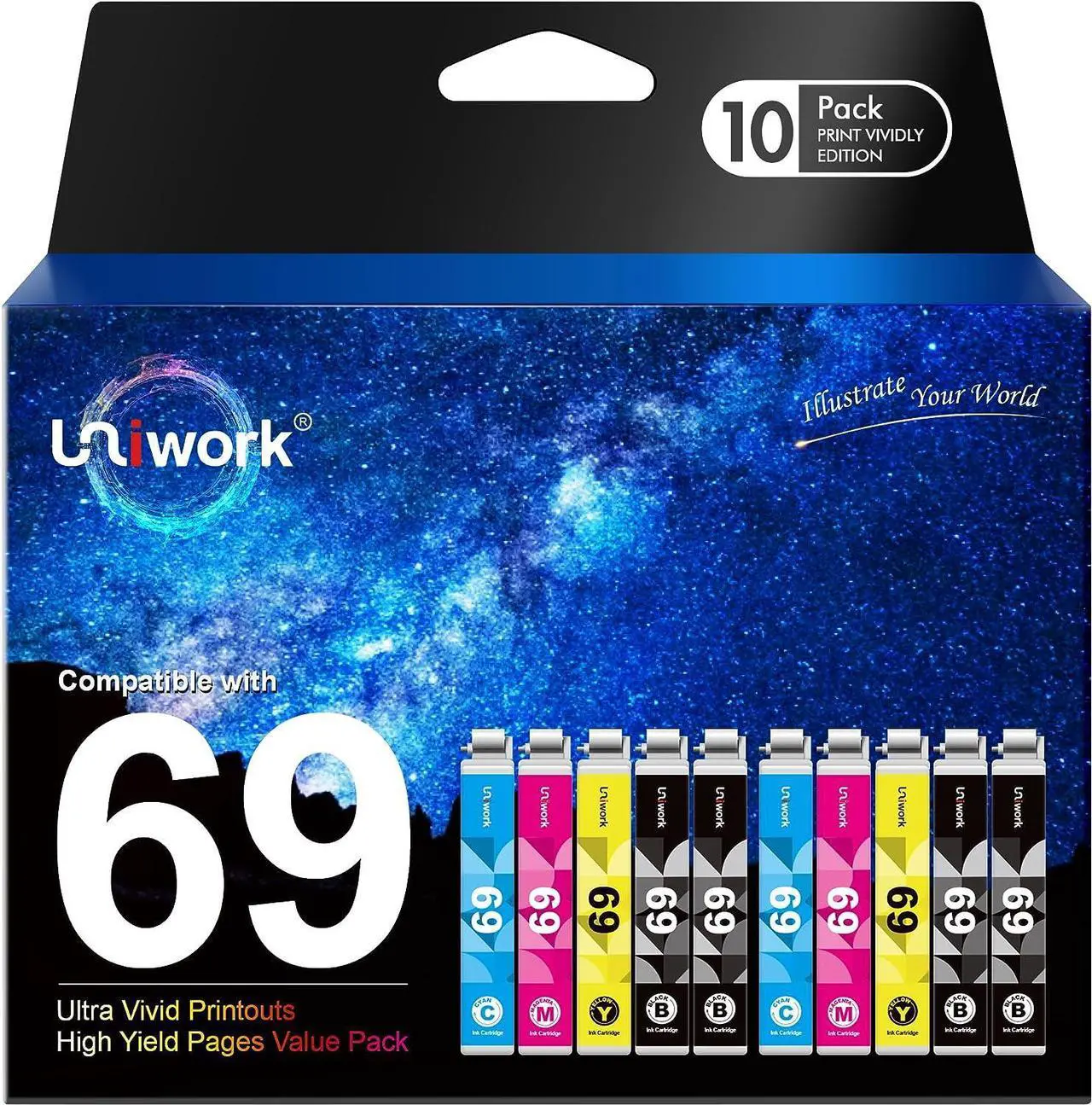 Main image of Uniwork Remanufactured 69 Printer Ink Cartridges Replacement  69 T069 for Stylus C120 CX5000 CX6000 CX8400 CX9400 NX215 NX305 NX400 NX410 NX415 NX515 Workforce 1100 30 310 615 Printer 10 Pack