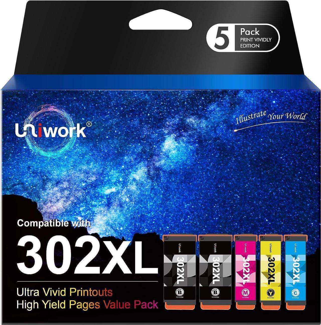 Uniwork Remanufactured 302XL Ink Cartridge Replacement for Epson 302XL 302 XL T302XL T302 to use with Expression Premium XP-6000 XP6000 XP-6100 Printer (PBK/BK/C/M/Y, 5 Pack)