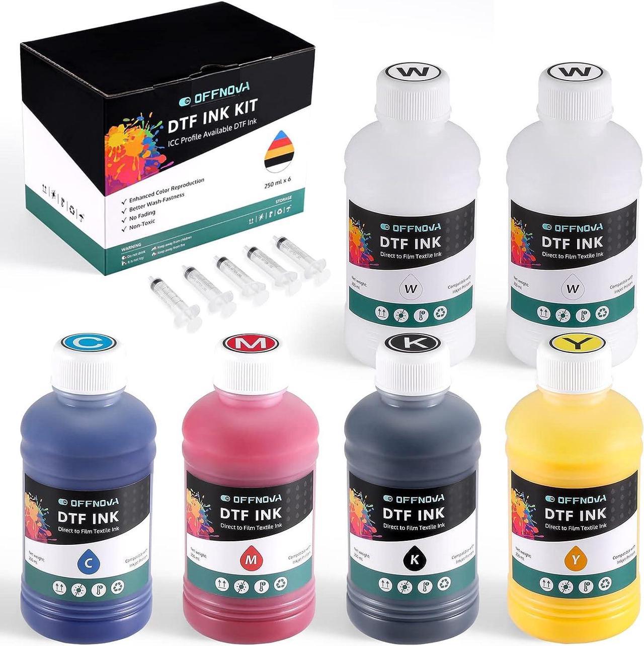 OFFNOVA DTF Ink 250ml x 6, Premium DTF Ink Refill for DTF Inkjet Printer Direct to Film Heat Transfer, Total 1500ml DTF Transfer Ink Kit (CMYK + 2White)