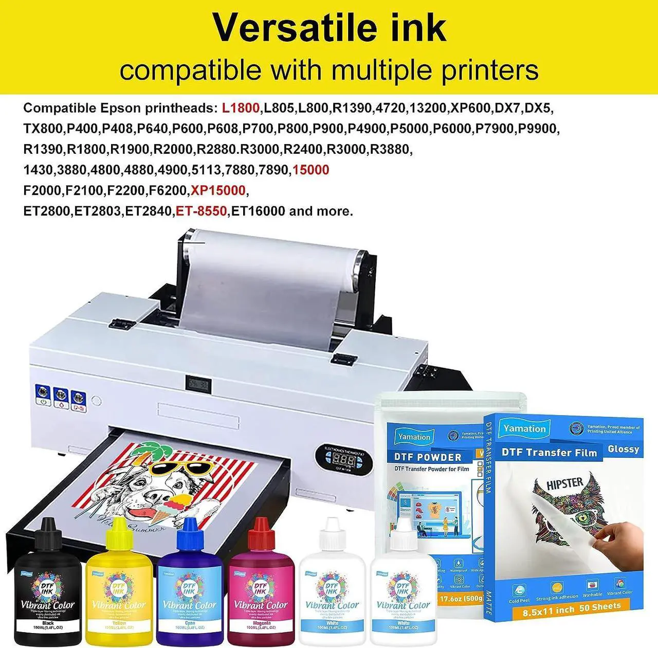Alt view image 4 of 6 - Yamation DTF Ink 600ml: Refill for DTF Printers Epson ET2800,ET-8550, XP-15000, L1800, L805, R1390, R2400, Direct to Film Printing (100ml x 6, White Cyan Magenta Yellow Black)