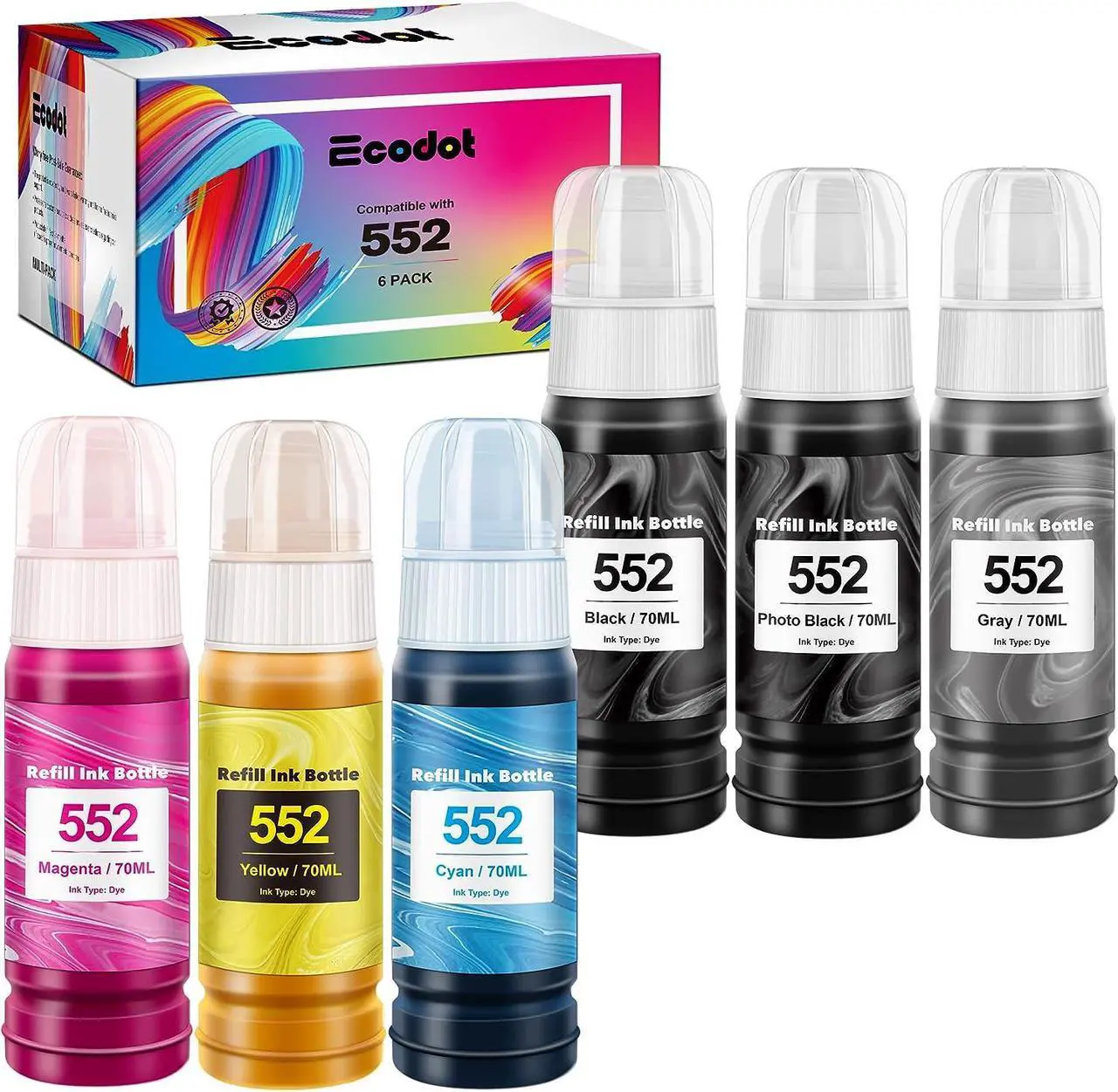 Main image of ecodot Compatible High Capacity Refill Ink Bottles Replacement  552 Ink 552 T552920 Bottle Ink - Multi-Pack Work for ET-8550 ET-8500 Printer (6-Pack)