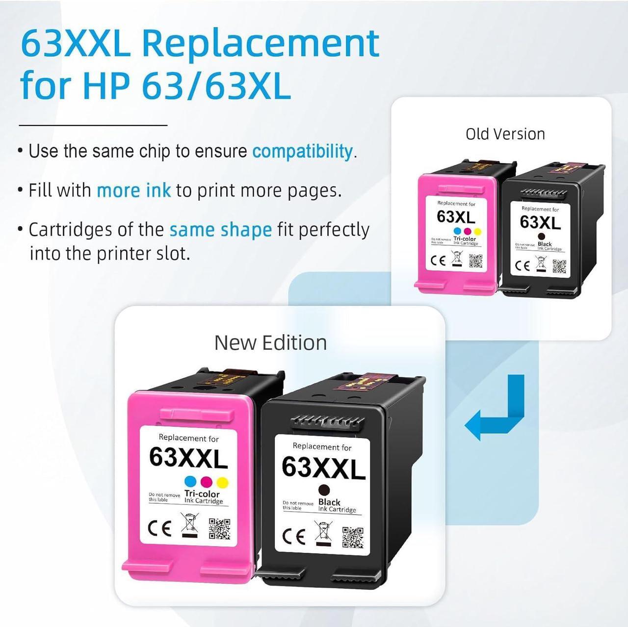 Alt view image 2 of 7 - 63XXL 63XL Ink Cartridge Combo Pack | High Yield  Ink 63 63XL Black/Color Works for Envy 4520 for Officejet 3830 4650 5255 Series Printer