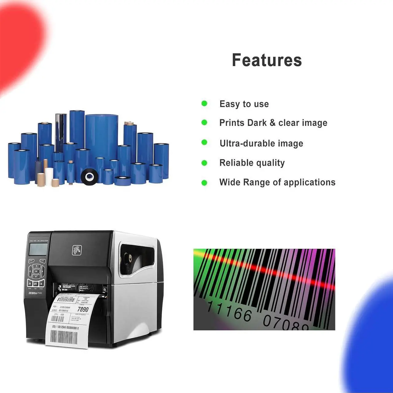 Alt view image 3 of 6 - 8 Rolls 4.33'' x 1476' Premium Resin Enhanced Wax Ribbon, 110mm x 450m Black Thermal Transfer Ribbon, Barcode Thermal Label Printer Ribbon, CSO-Ink Outside, 1'' Core for Zebra, TSC, GoDex, Citizen