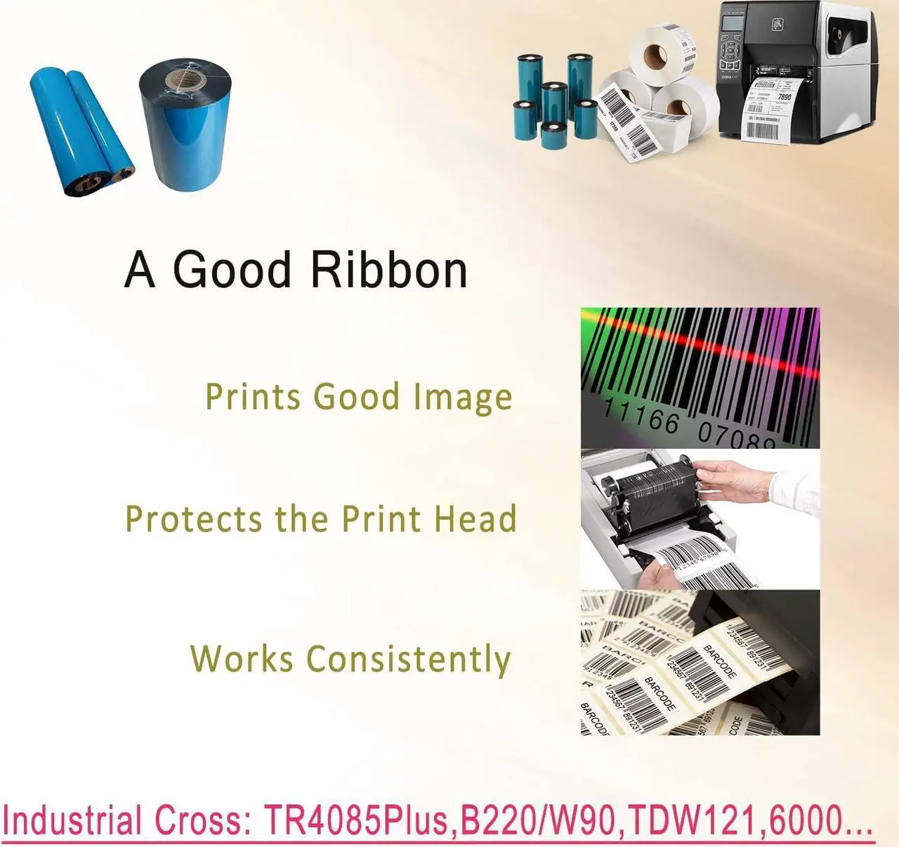 Alt view image 5 of 6 - 8 Rolls 4.33'' x 1476' Premium Resin Enhanced Wax Ribbon, 110mm x 450m Black Thermal Transfer Ribbon, Barcode Thermal Label Printer Ribbon, CSO-Ink Outside, 1'' Core for Zebra, TSC, GoDex, Citizen