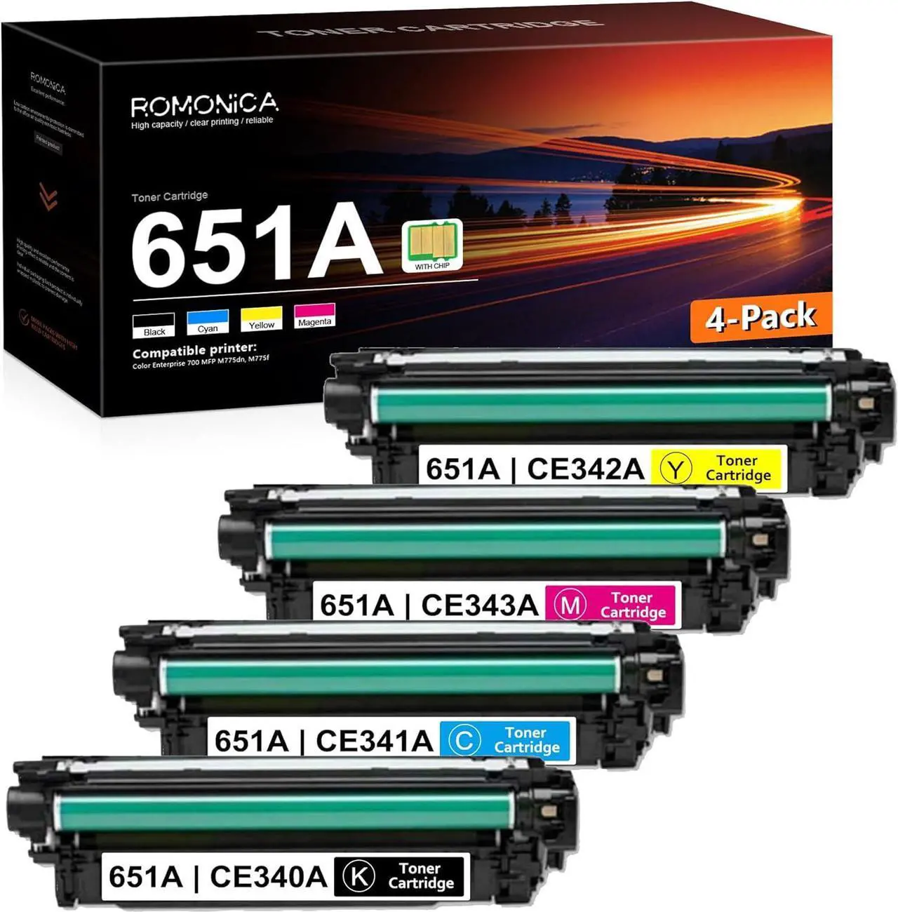 Main image of 651A High Yield Toner Cartridges 4-Pack Replacement  651A CE340A CE341A CE342A CE343A Toner Color Enterprise 700 MFP M775f M775z M775dn Printer Ink (Black, Cyan, Magenta, Yellow)