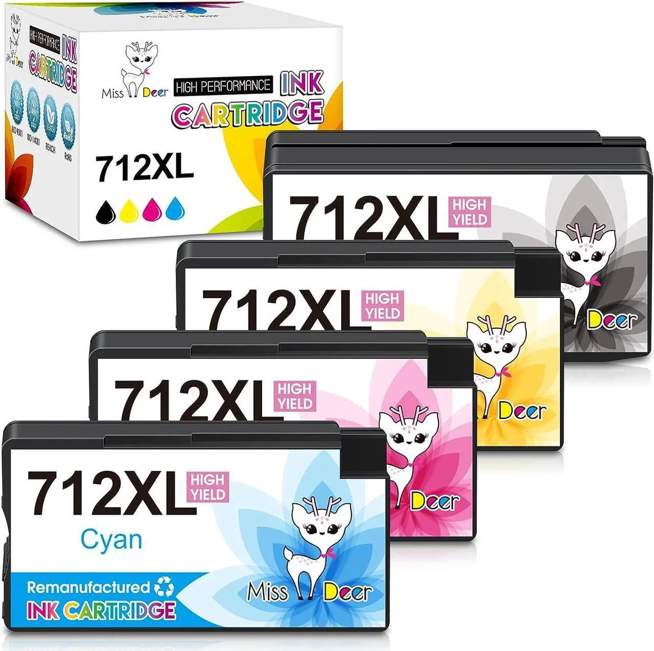 Main image of Miss Deer 712XL Remanufactured Ink Cartridge Replacement  712 712XL Ink Cartridges,Work  DesignJet T210 T230 T250 T630 T650 Studio Plotter Printers 80ML for BK 29ML for CMY (4 Pack)