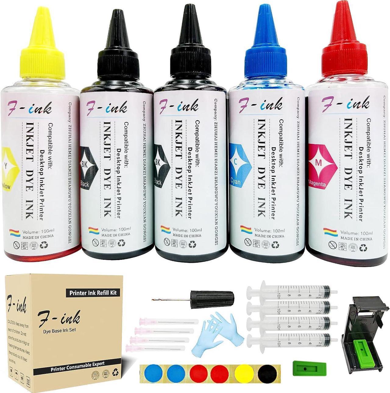 F-ink 5 Bottles Ink and Ink Refill Kits Compatible with Hp Inkjet Ink Cartridges 67XL 662XL 664XL 60XL 61XL 62XL 63XL 64XL 65XL 92XL 94XL 901XL-Ink Tools for Reuse The Cartridge