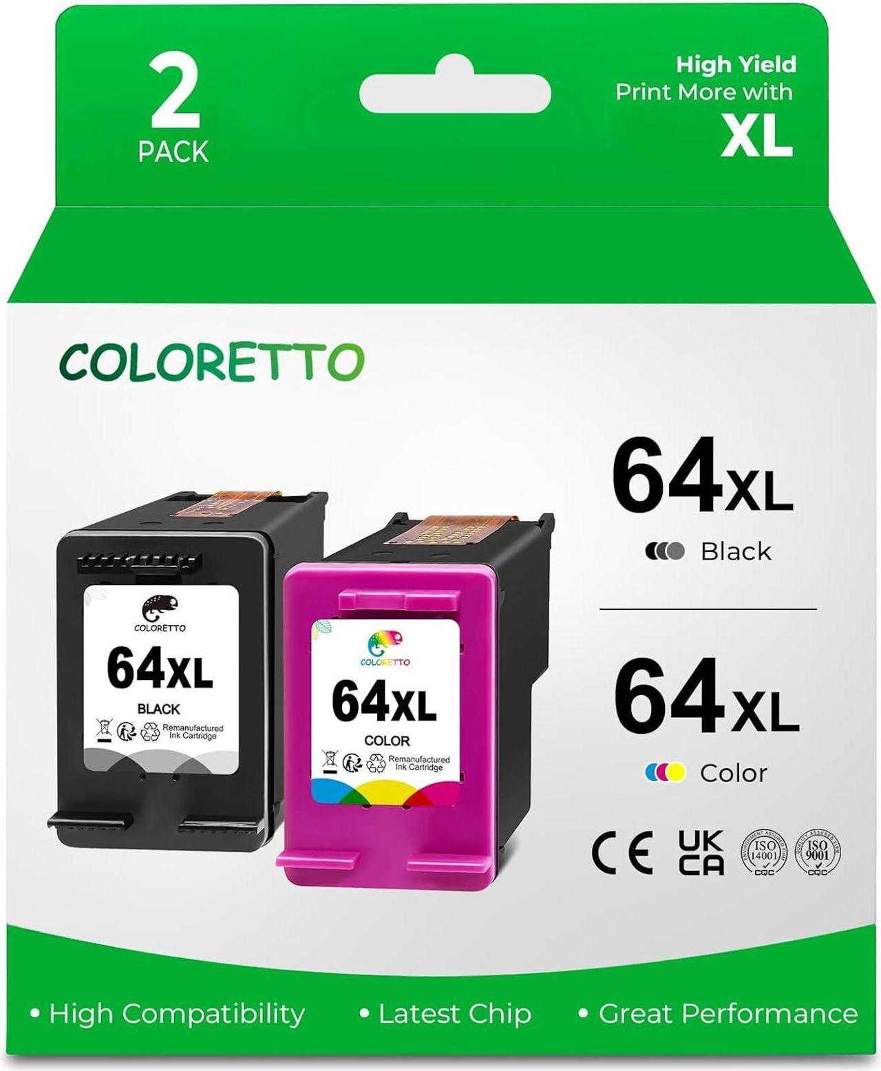 COLORETTO Remanufactured Printer Ink Cartridge Replacement  64XL 64 XL to use with Envy Photo 7855 7155 6255 7120 7858 6252 6222 6220 6230 Tango X(1 Black,1 Color) with 2 Paper Clips