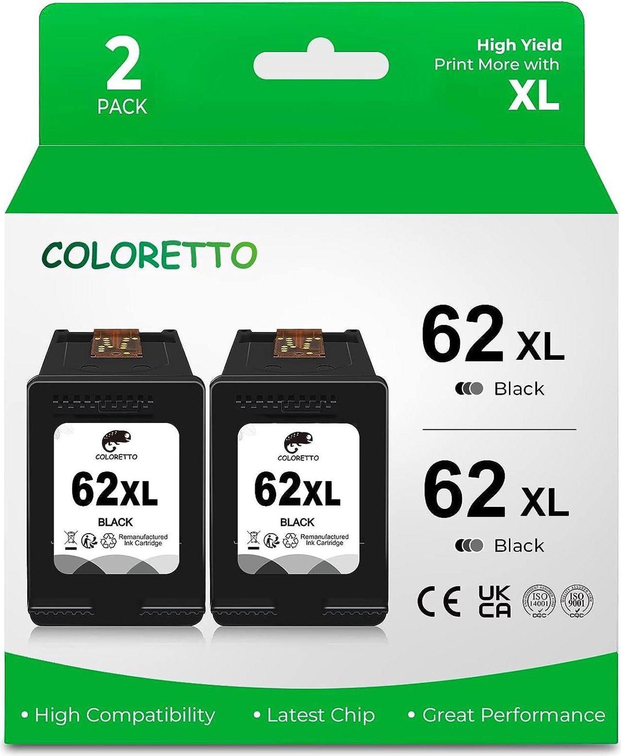 COLORETTO 62 XL 62XL Remanufactured Ink Cartridge Compatible with HP Envy 5540 5542 5543 5546 5549 5640 5643 5660 7640 OfficeJet 200 250 5740 5742 5745 5746 8040 8045 Printer 2 Black 2-Pack